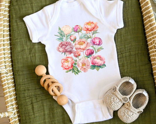 Peony Bodysuit, Peonies Baby Bodysuit, Peony Flower Floral Baby Bodysuit Cottagecore Baby Boho Baby Girl Tea Garden Party Baby Shirt