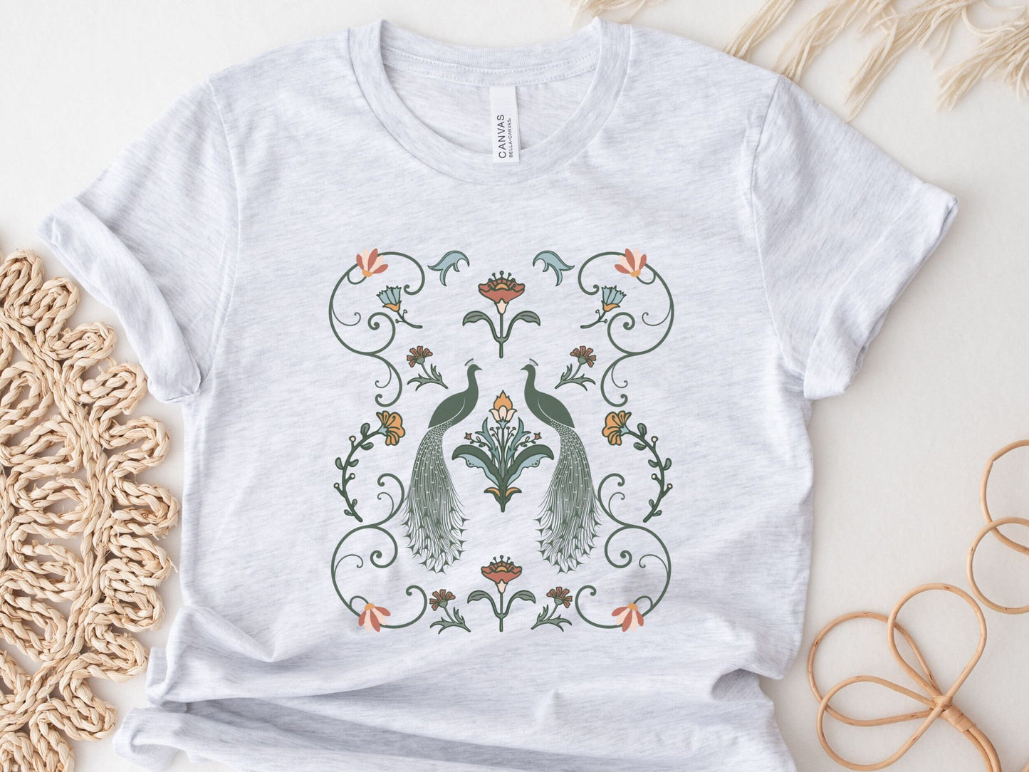 Peacock T Shirt Floral Art Nouveau Shirt Scandinavian Cottagecore Clothes Bird Shirt Peafowl Tshirt Retro Botanical Shirt Summer Tees Women