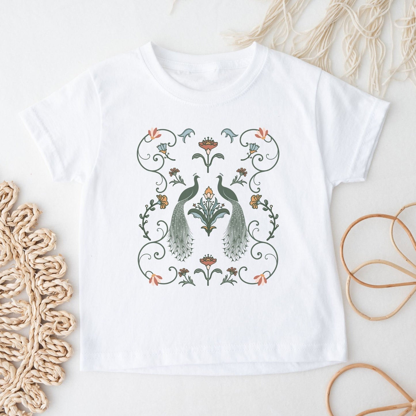 Peacock Shirt for Girls Art Nouveau Shirt Peafowl Kids Tee Cottagecore Clothes Toddler Retro Floral Tshirt Girl Bird Shirt Flower Shirt Kids