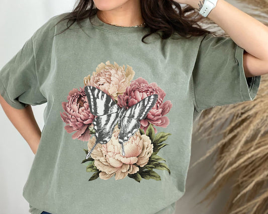 Peony Shirt Vintage Butterfly Graphic T Shirt, Boho Floral Comfort Colors Shirt, Boho Cottage Core Shirt, Vintage Peony GraphicTee