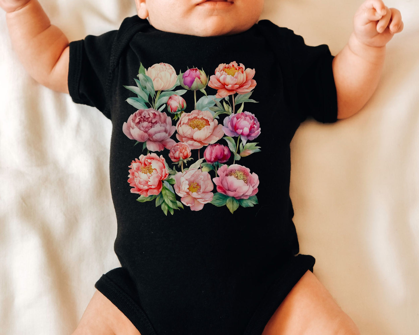 Peony Bodysuit, Peonies Baby Bodysuit, Peony Flower Floral Baby Bodysuit Cottagecore Baby Boho Baby Girl Tea Garden Party Baby Shirt