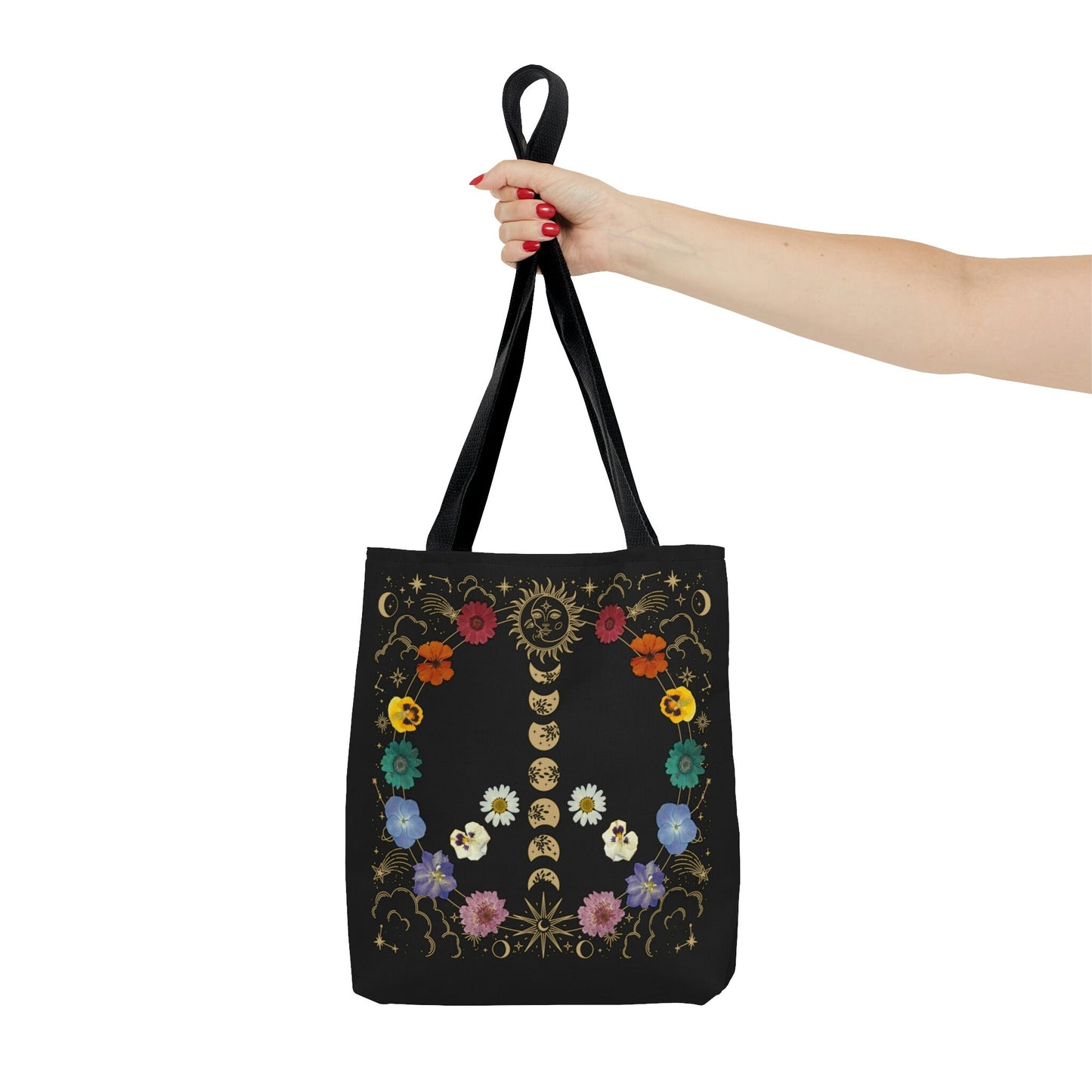 Pressed Flower Tote Bag Rainbow Peace Tote Bag Mystical Sun and Moon Tote Floral Tote Wildflower Tote Bag Wild Flower Whimsigoth Tote Bag