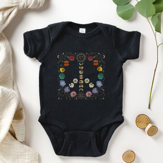 Pressed Flower Rainbow Peace Sign Baby Bodysuit Mystical Moon Phase Bodysuit Sun and Moon Bodysuit Hippie Baby Clothes Whimsigoth BOHO Baby