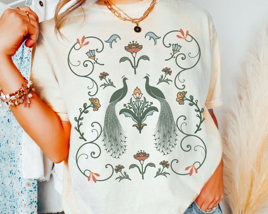 Peacock T Shirt Comfort Colors® Floral Art Nouveau Shirt Scandinavian Cottagecore Clothes Trendy Bird Shirt Women Peafowl Tshirt