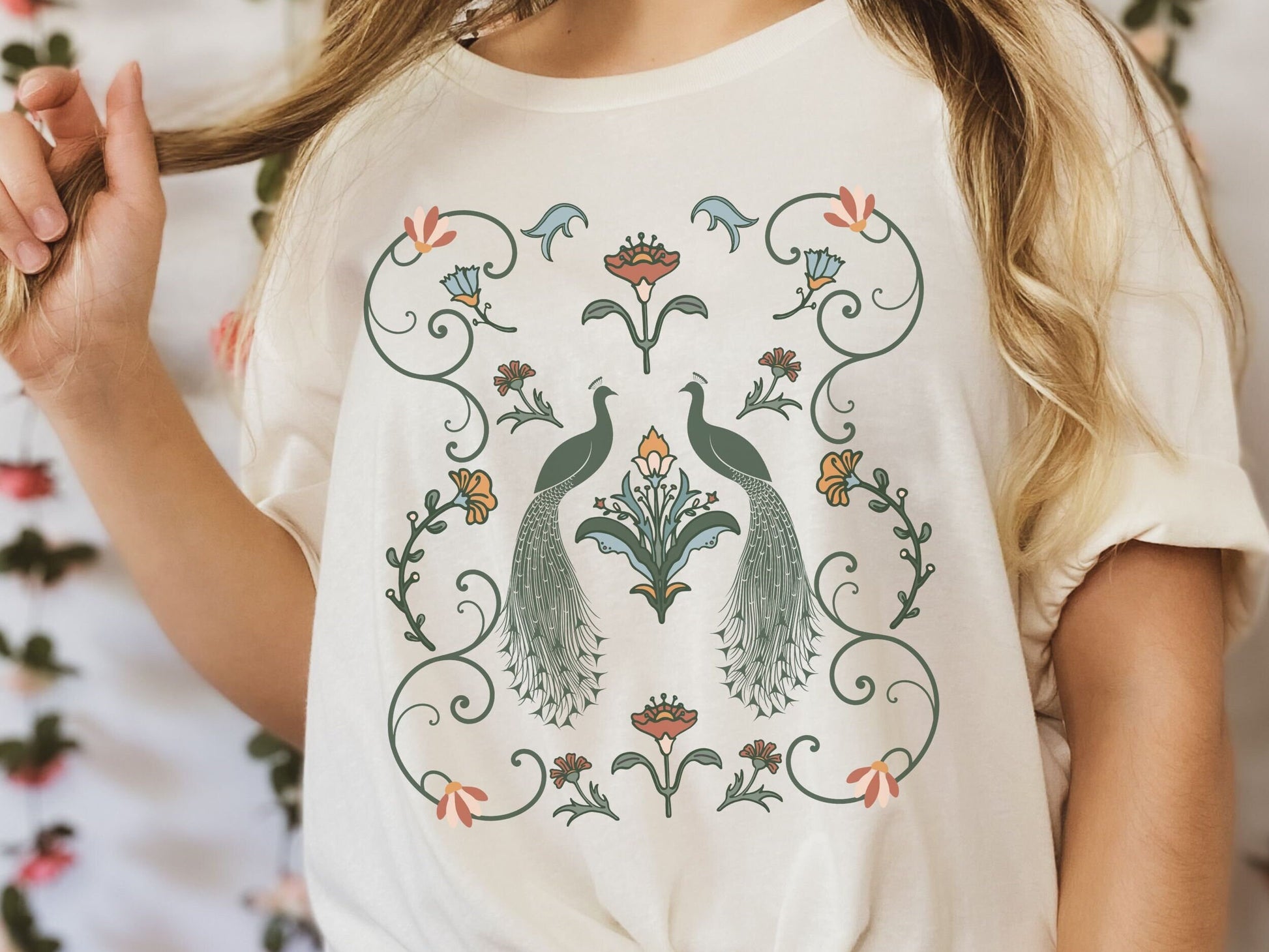 Peacock T Shirt Floral Art Nouveau Shirt Scandinavian Cottagecore Clothes Bird Shirt Peafowl Tshirt Retro Botanical Shirt Summer Tees Women