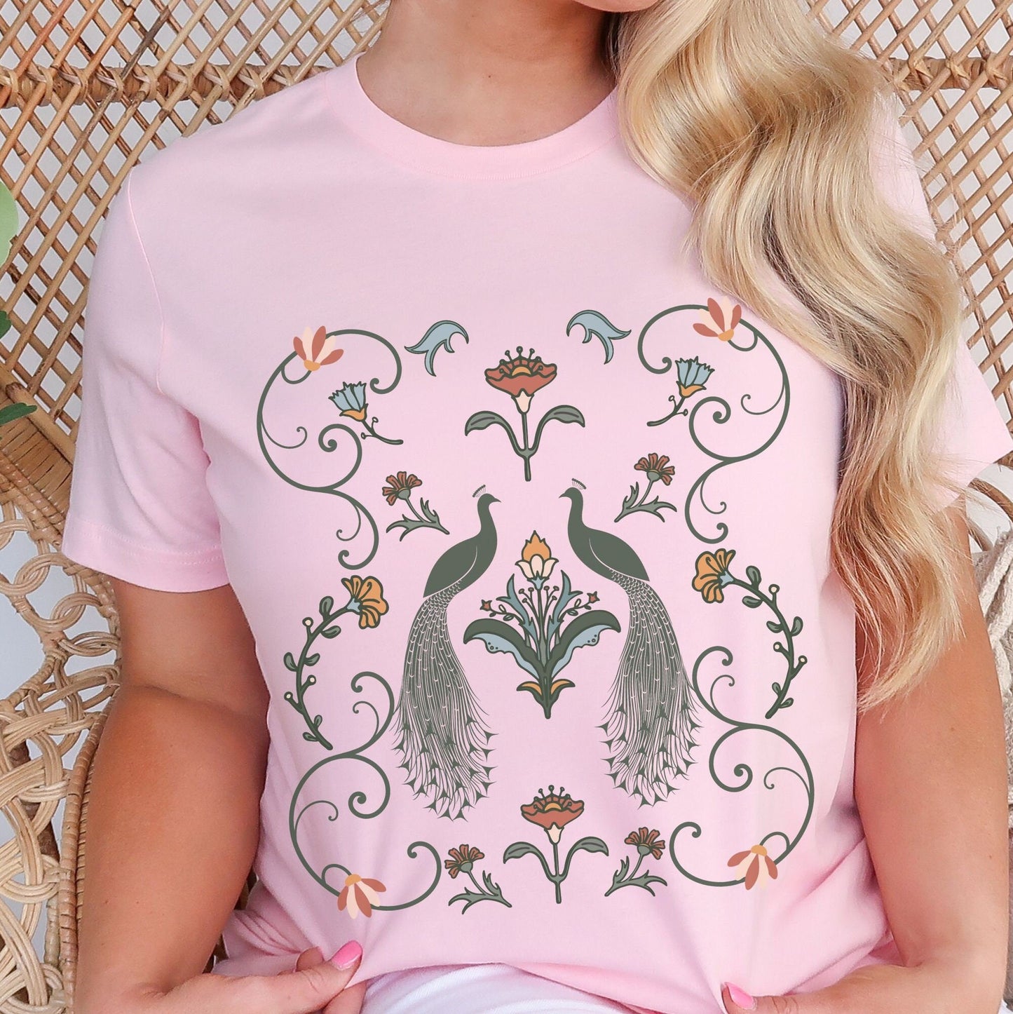Peacock T Shirt Floral Art Nouveau Shirt Scandinavian Cottagecore Clothes Bird Shirt Peafowl Tshirt Retro Botanical Shirt Summer Tees Women