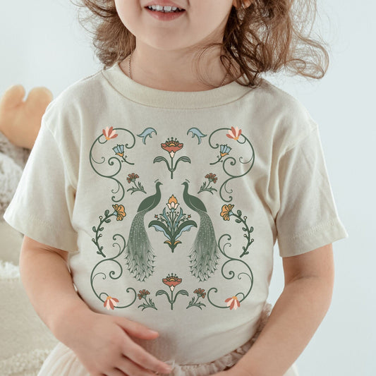 Peacock Shirt for Girls Art Nouveau Shirt Peafowl Kids Tee Cottagecore Clothes Toddler Retro Floral Tshirt Girl Bird Shirt Flower Shirt Kids