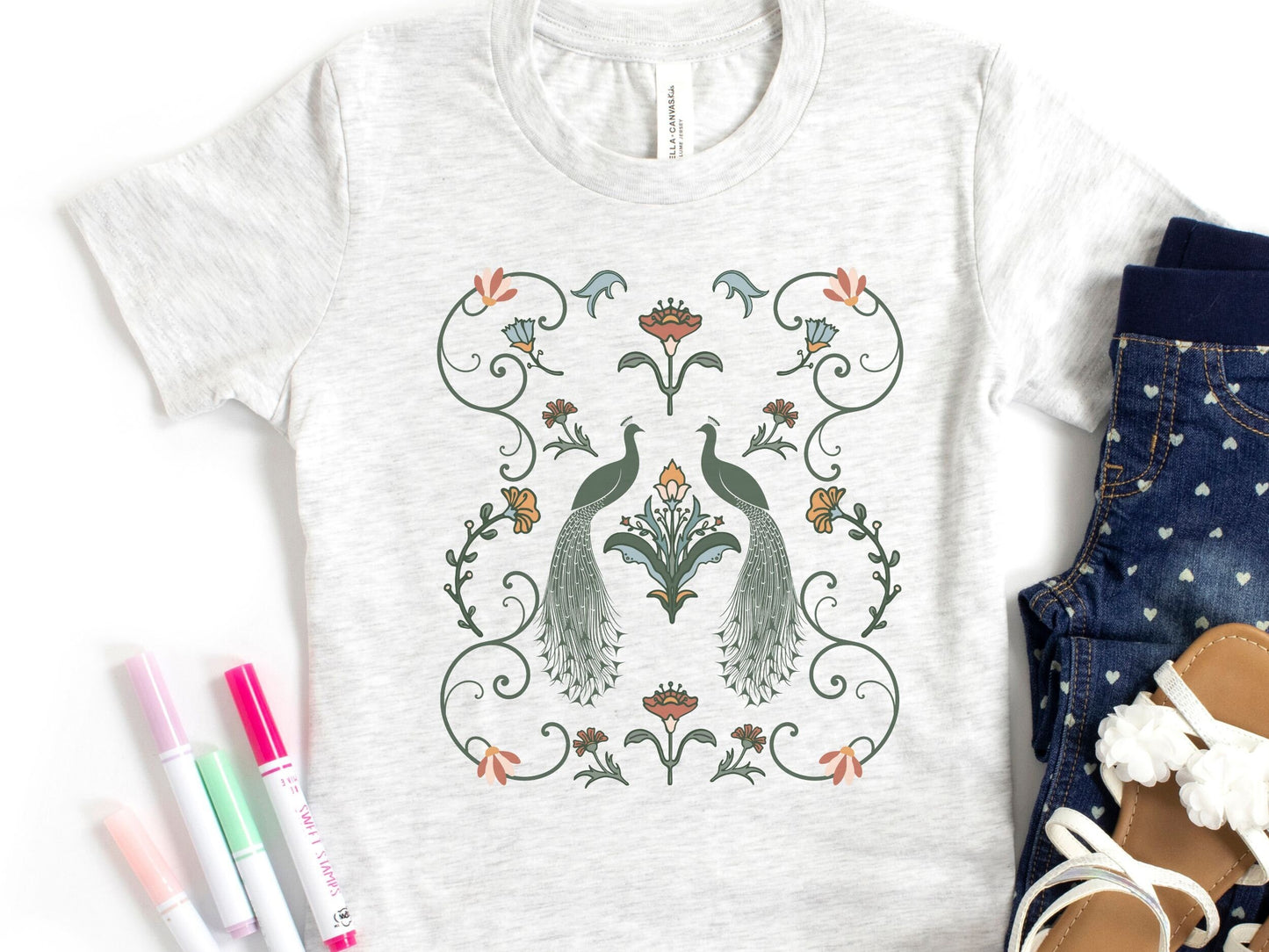 Peacock Shirt for Girls Art Nouveau Shirt Peafowl Kids Tee Cottagecore Clothes Toddler Retro Floral Tshirt Girl Bird Shirt Flower Shirt Kids