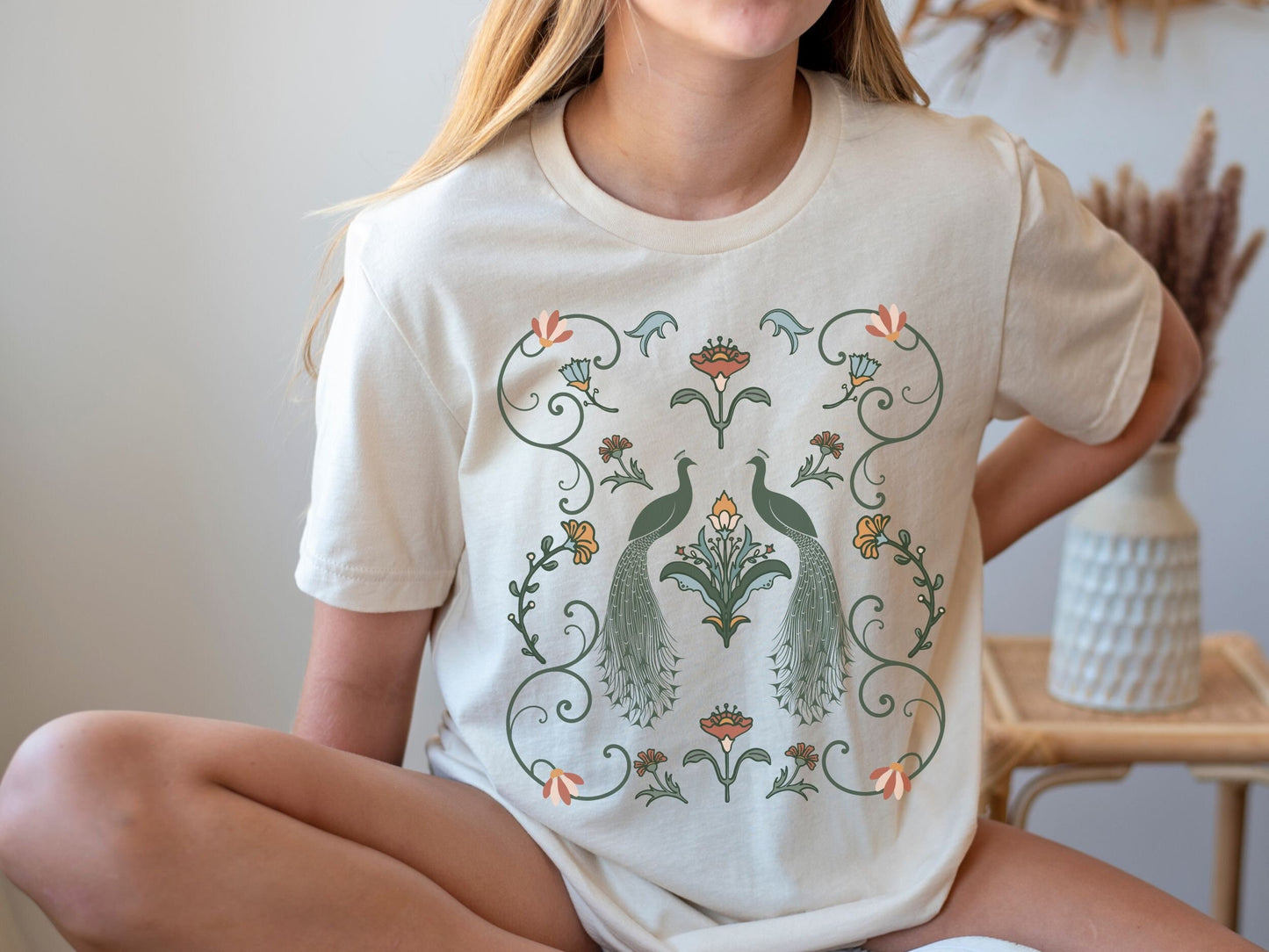 Peacock Shirt for Girls Art Nouveau Shirt Peafowl Kids Tee Cottagecore Clothes Toddler Retro Floral Tshirt Girl Bird Shirt Flower Shirt Kids