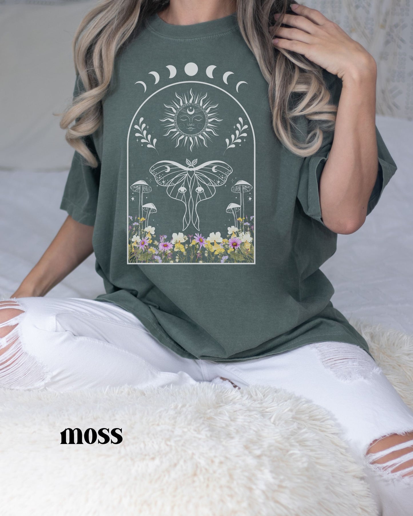 Luna Moth Comfort Colors Tshirt Wild Flowers Shirt Sun and Moon Fairycore Whimsigoth Goblincore Shirt Dark Cottagecore Magic Mushroom Shirt