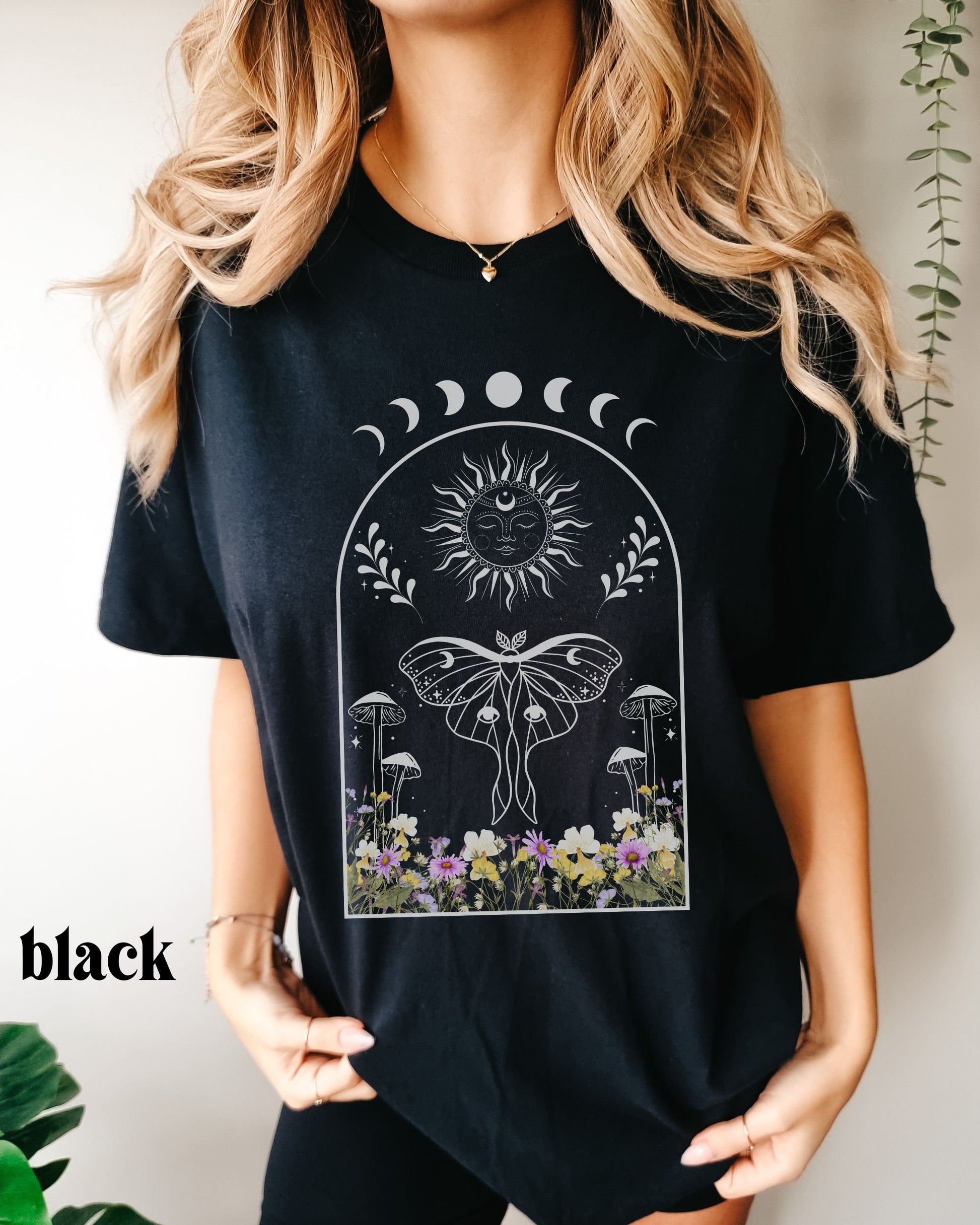 Luna Moth Comfort Colors Tshirt Wild Flowers Shirt Sun and Moon Fairycore Whimsigoth Goblincore Shirt Dark Cottagecore Magic Mushroom Shirt