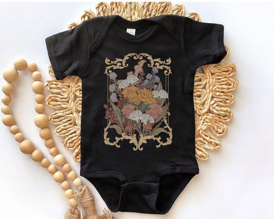 Floral Baby Bodysuit Art Nouveau Baroque Wildflowers Bodysuit Whimsigoth Fairy Grunge Fairycore Dark Academia Baby CottageCore Baby Clothes