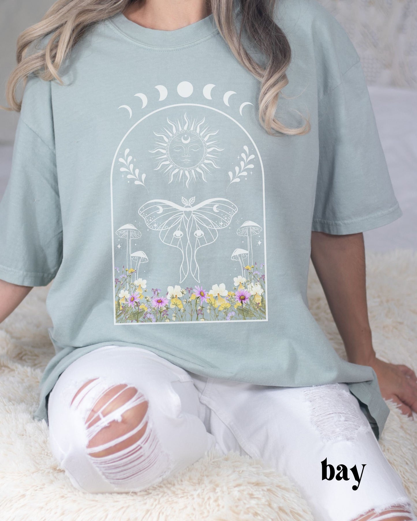 Luna Moth Comfort Colors Tshirt Wild Flowers Shirt Sun and Moon Fairycore Whimsigoth Goblincore Shirt Dark Cottagecore Magic Mushroom Shirt