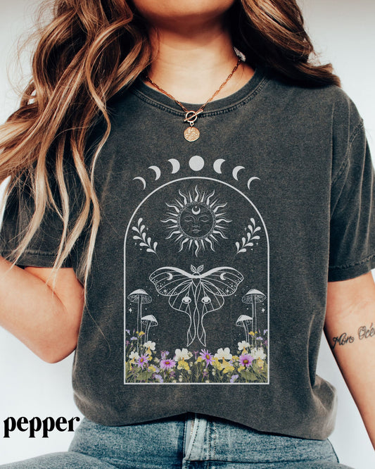 Luna Moth Comfort Colors Tshirt Wild Flowers Shirt Sun and Moon Fairycore Whimsigoth Goblincore Shirt Dark Cottagecore Magic Mushroom Shirt