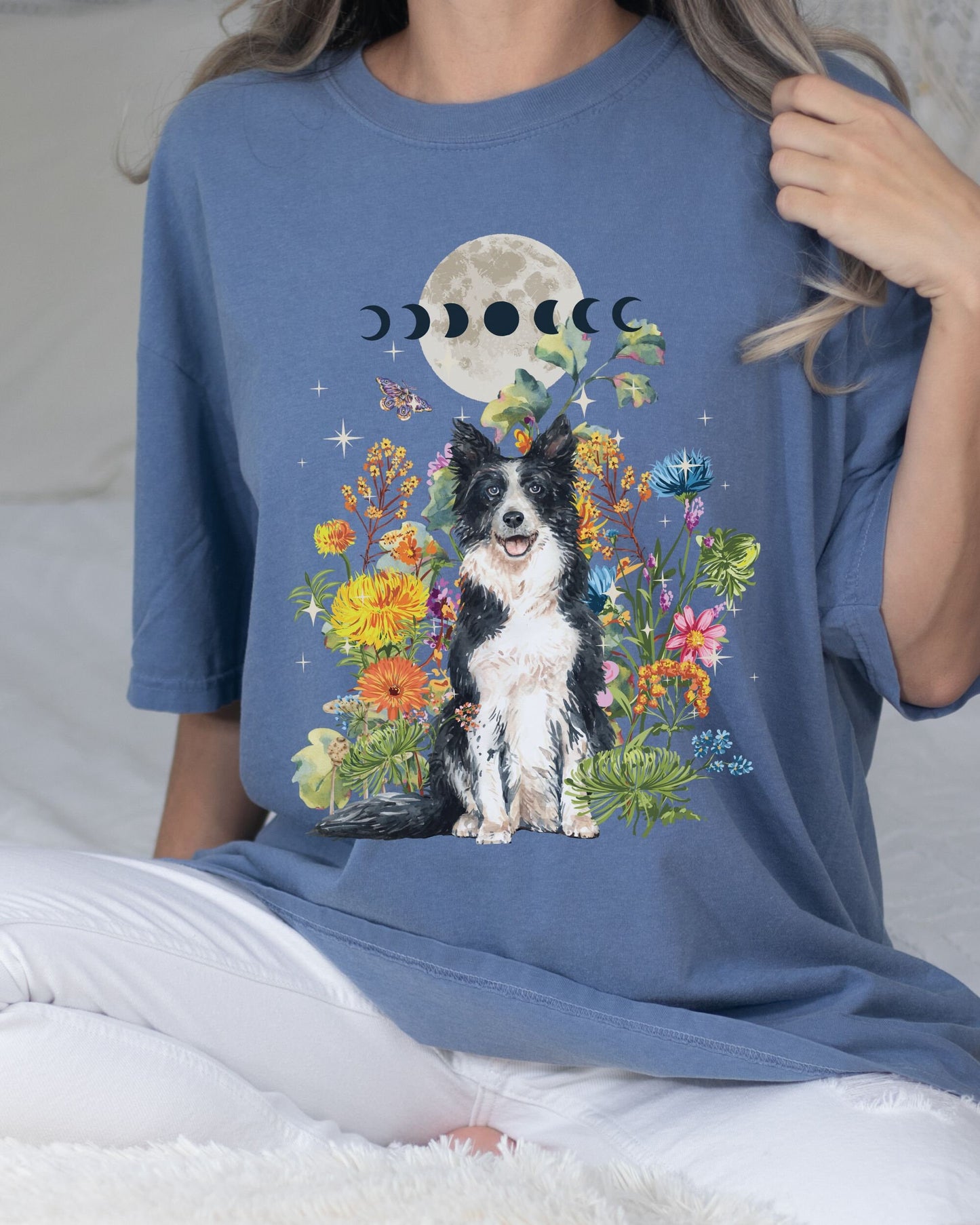 Cottagecore Shirt Comfort Colors Dog Shirt Wildflower Tshirt Moon Phases Border Collie Sheep Dog Shirt Goblincore Shirt Forestcore Shirt