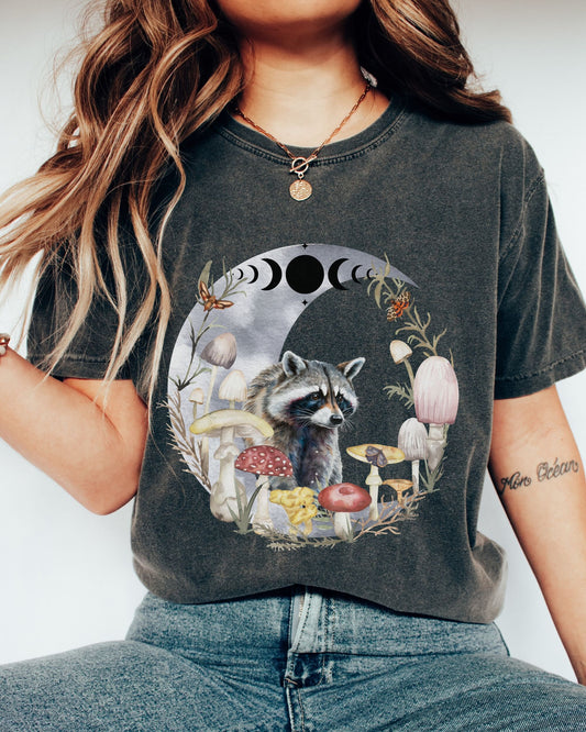 Raccoon Shirt Dark Cottagecore Moth Shirt Mushroom Shirt Moon Phases Goblincore Shirt Forestcore Shirt Cottage Core T Shirt Racoon Shirt