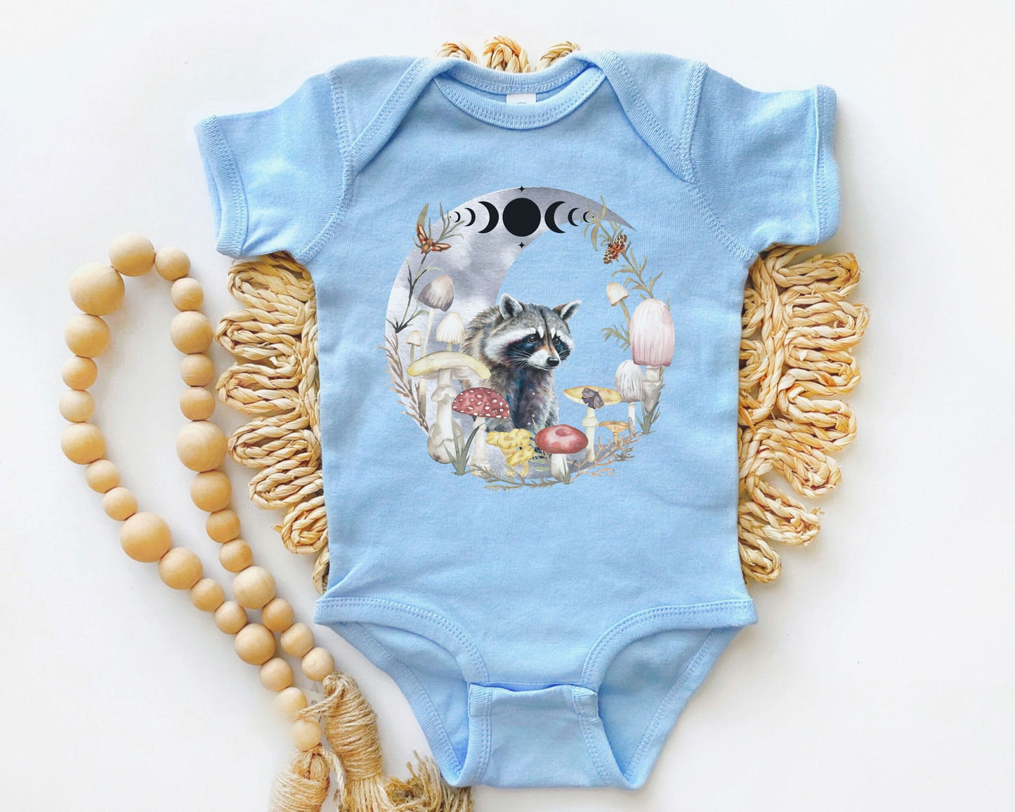 Raccoon Bodysuit Mushroom Baby Moon Phases Moth Bodysuit Dark Cottagecore Baby Clothes ForestCore Goblincore Baby Woodland Animals