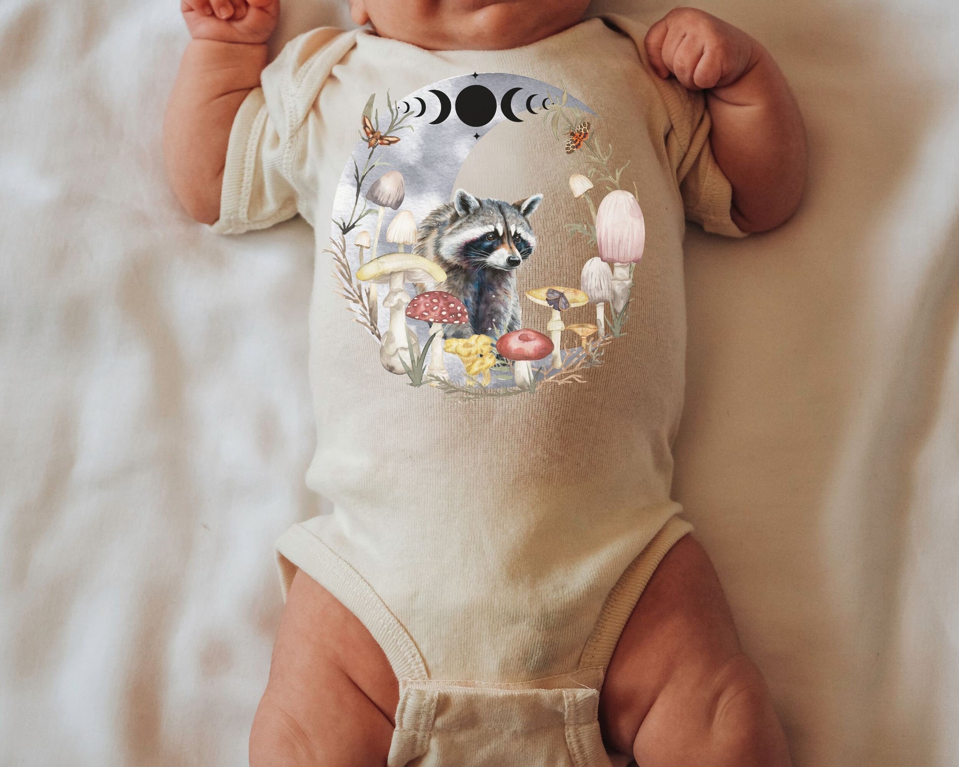 Raccoon Bodysuit Mushroom Baby Moon Phases Moth Bodysuit Dark Cottagecore Baby Clothes ForestCore Goblincore Baby Woodland Animals