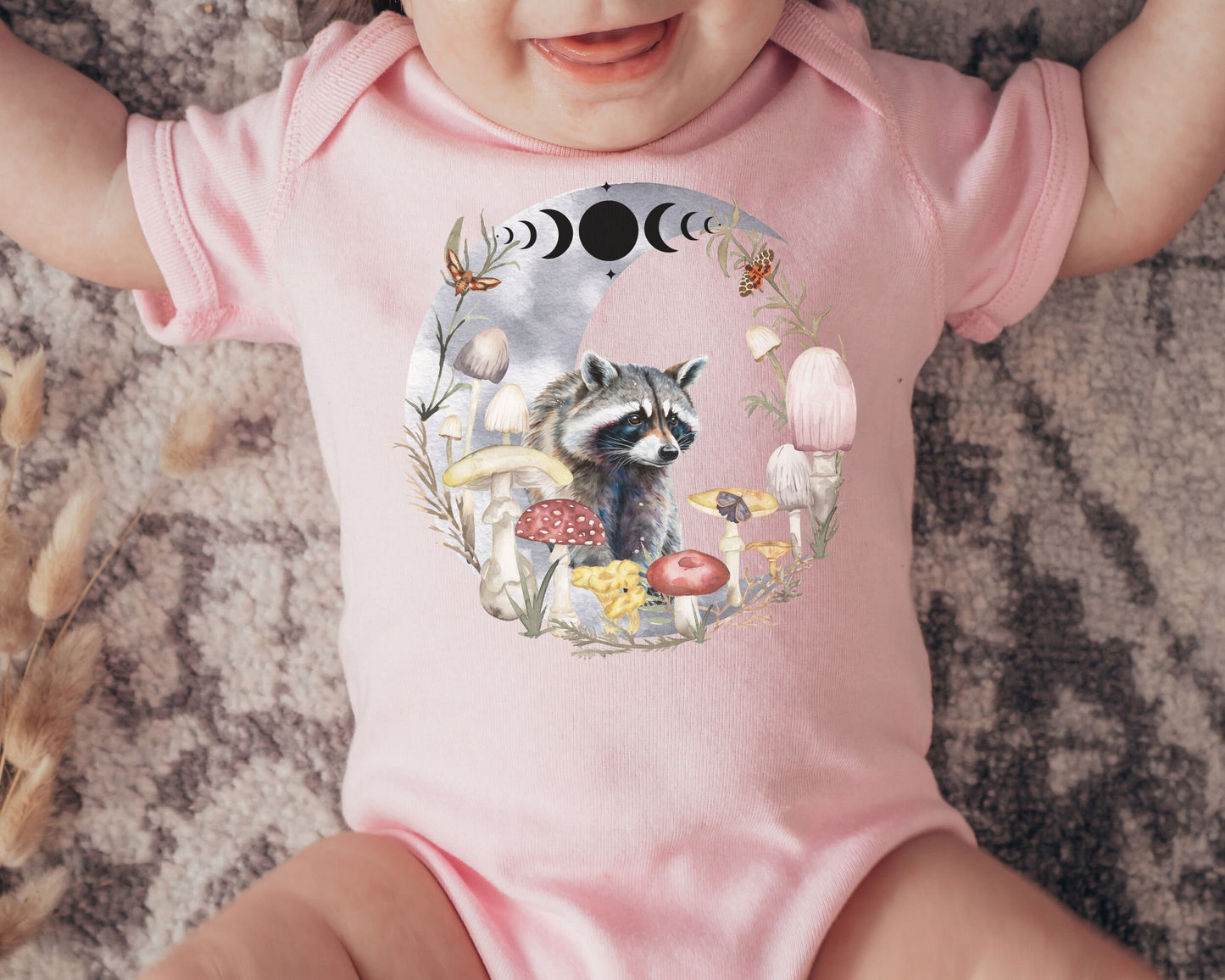 Raccoon Bodysuit Mushroom Baby Moon Phases Moth Bodysuit Dark Cottagecore Baby Clothes ForestCore Goblincore Baby Woodland Animals