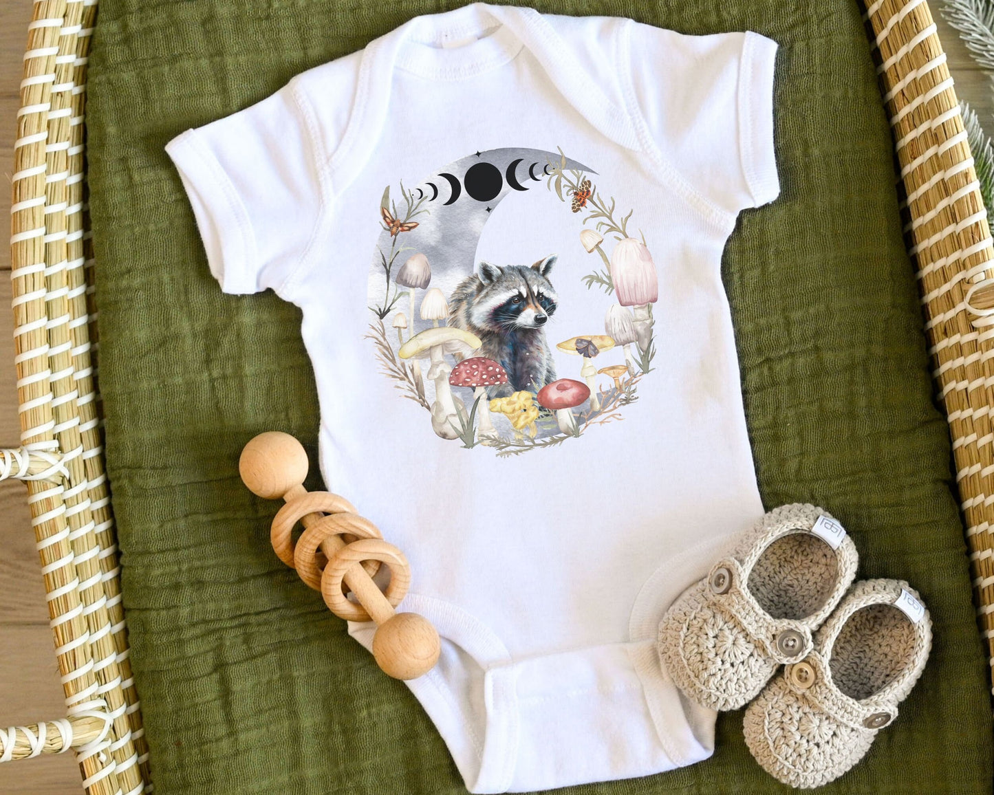 Raccoon Bodysuit Mushroom Baby Moon Phases Moth Bodysuit Dark Cottagecore Baby Clothes ForestCore Goblincore Baby Woodland Animals