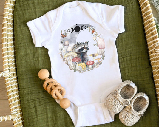 Raccoon Bodysuit Mushroom Baby Moon Phases Moth Bodysuit Dark Cottagecore Baby Clothes ForestCore Goblincore Baby Woodland Animals