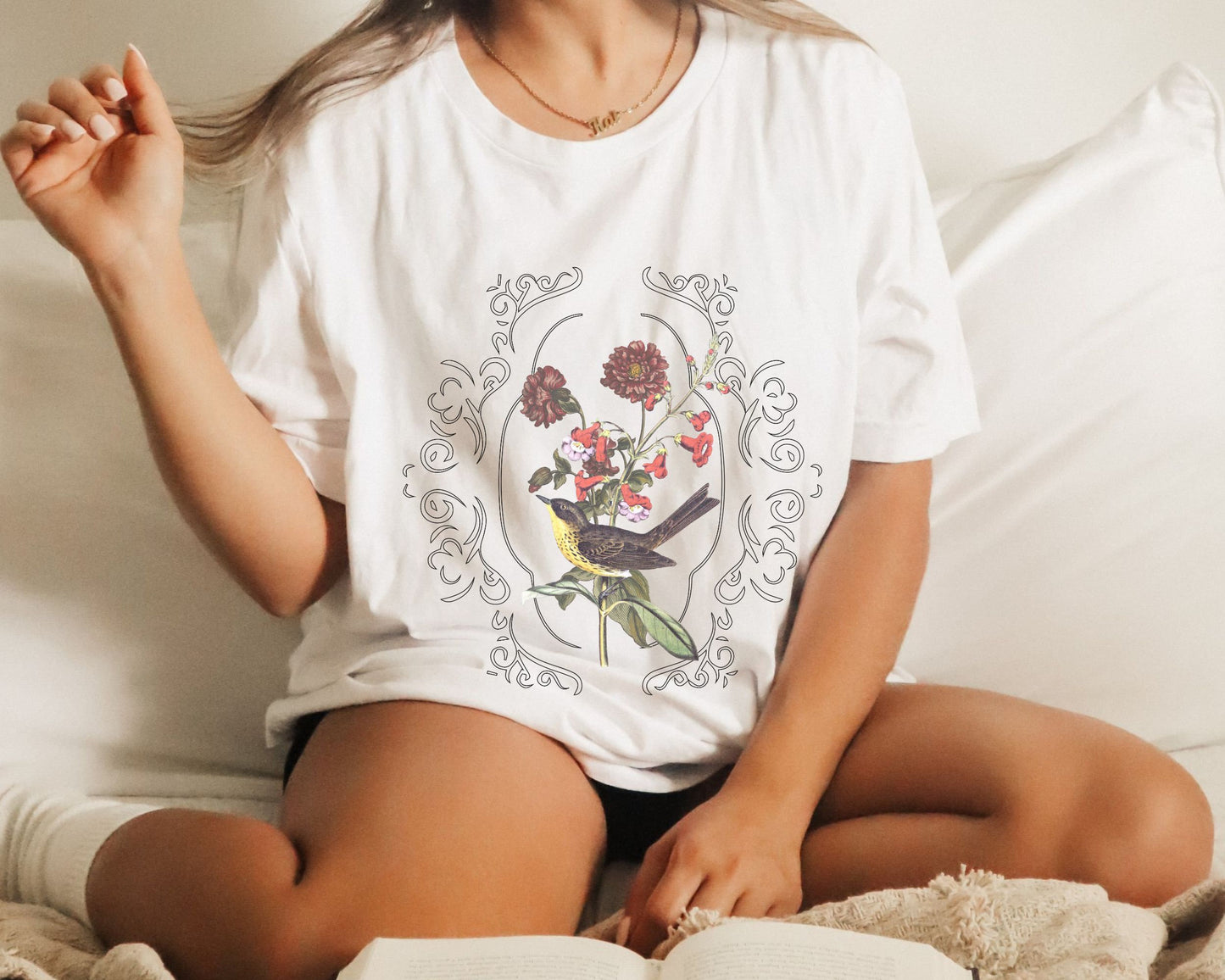 Boho Bird Shirt Wild Flowers Shirt Light Academia Shirt Cottagecore Clothes Cottage Core Shirt Fairycore Shirt Vintage Bird Tshirt
