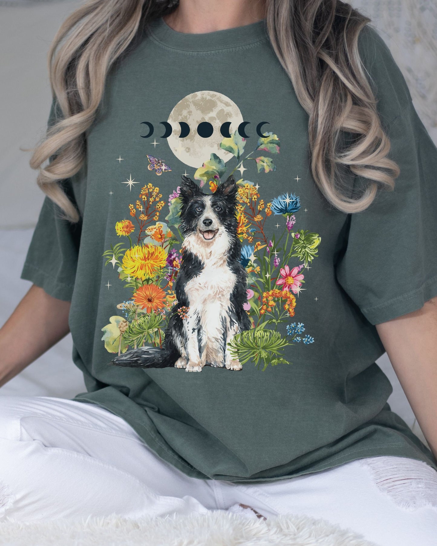 Cottagecore Shirt Comfort Colors Dog Shirt Wildflower Tshirt Moon Phases Border Collie Sheep Dog Shirt Goblincore Shirt Forestcore Shirt