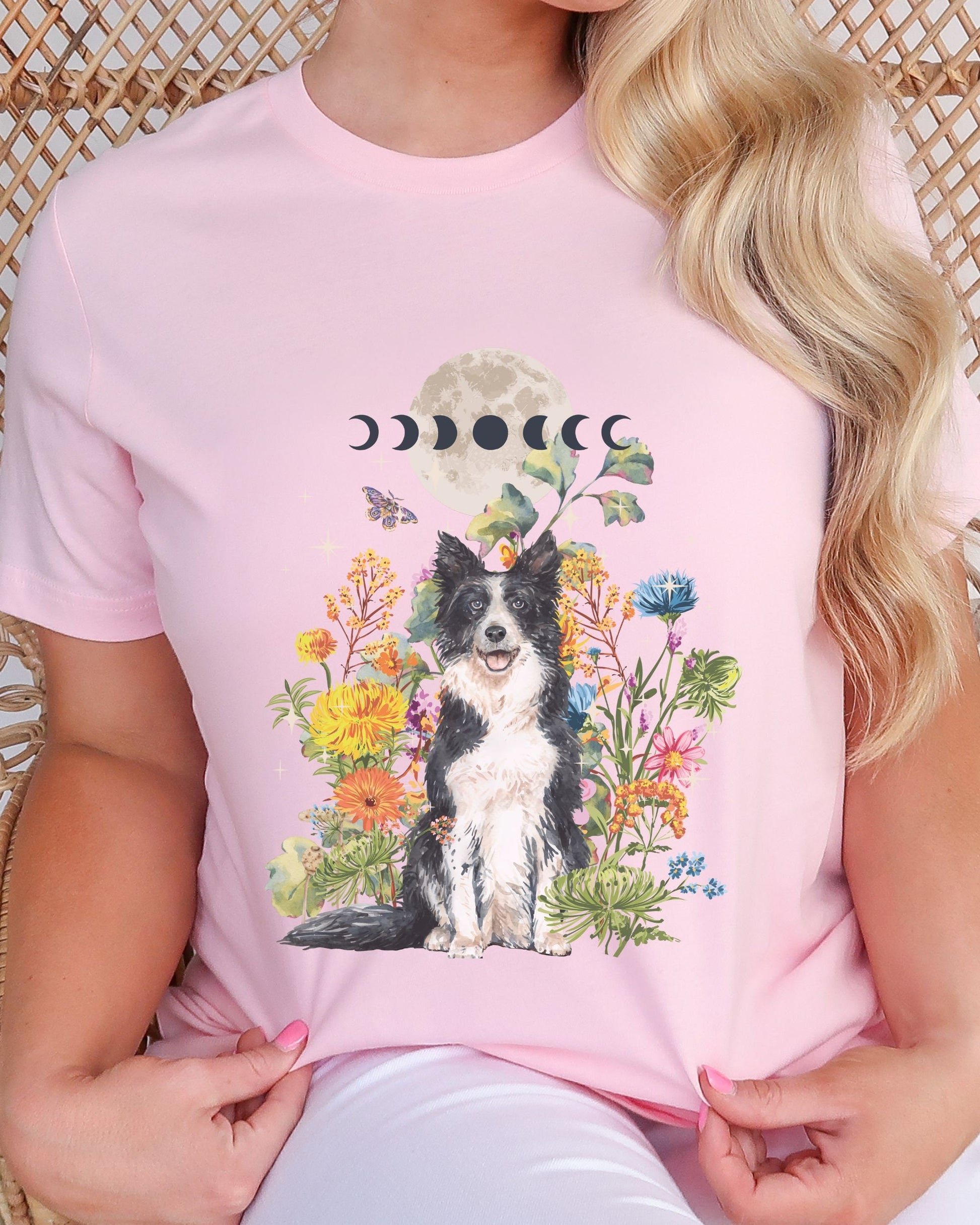 Wildflower Tshirt Boho Moon Phases Tee Dog Lover Shirt Border Collie Sheep Dog Shirt Cottagecore Clothes Goblincore Forestcore Shirt