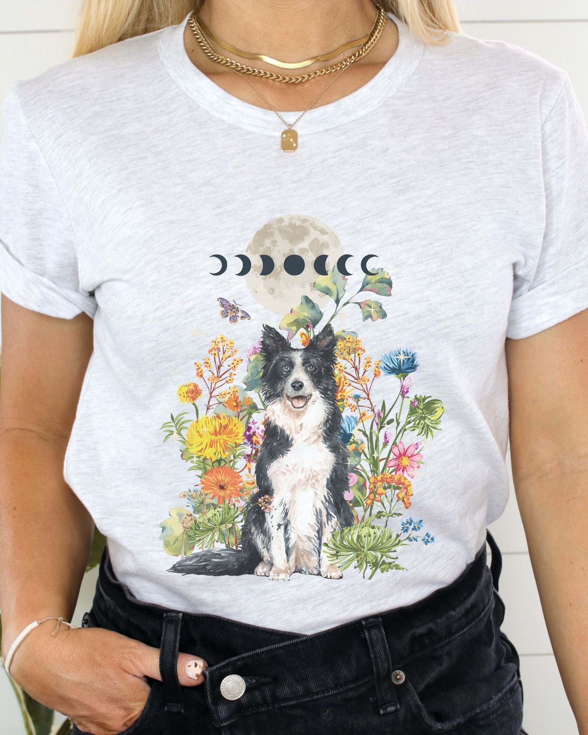 Wildflower Tshirt Boho Moon Phases Tee Dog Lover Shirt Border Collie Sheep Dog Shirt Cottagecore Clothes Goblincore Forestcore Shirt