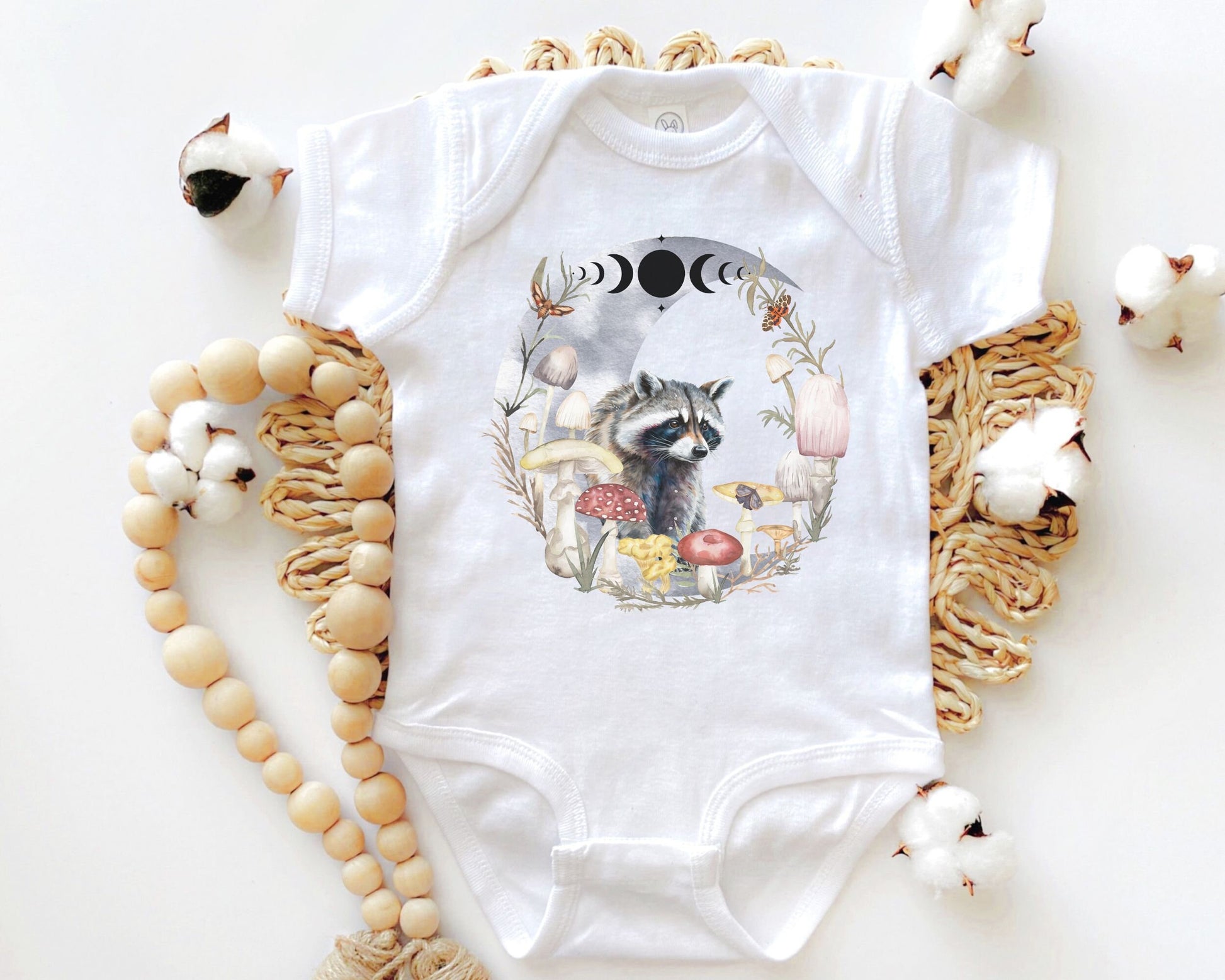 Raccoon Bodysuit Mushroom Baby Moon Phases Moth Bodysuit Dark Cottagecore Baby Clothes ForestCore Goblincore Baby Woodland Animals