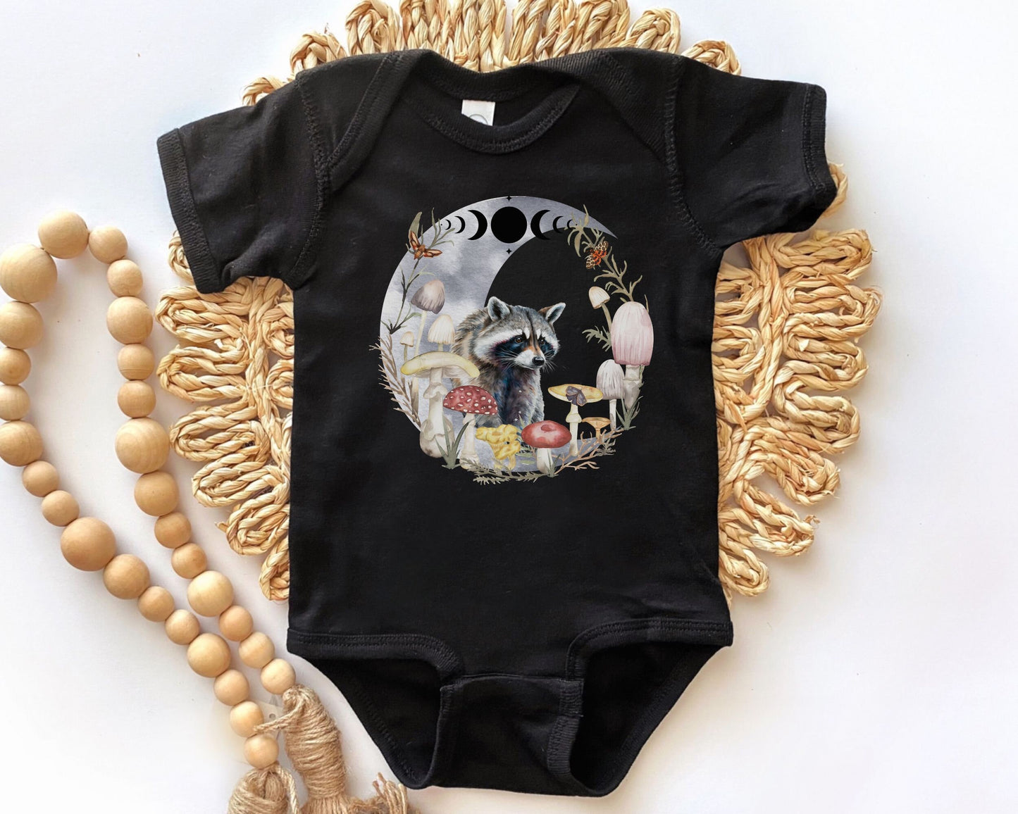 Raccoon Bodysuit Mushroom Baby Moon Phases Moth Bodysuit Dark Cottagecore Baby Clothes ForestCore Goblincore Baby Woodland Animals