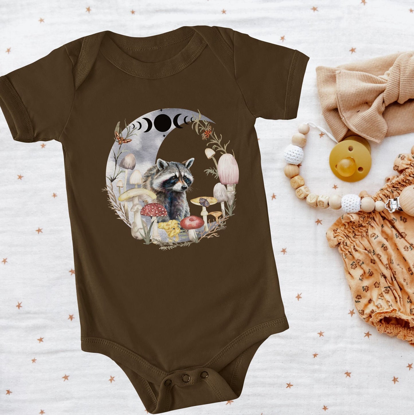 Raccoon Bodysuit Mushroom Baby Moon Phases Moth Bodysuit Dark Cottagecore Baby Clothes ForestCore Goblincore Baby Woodland Animals