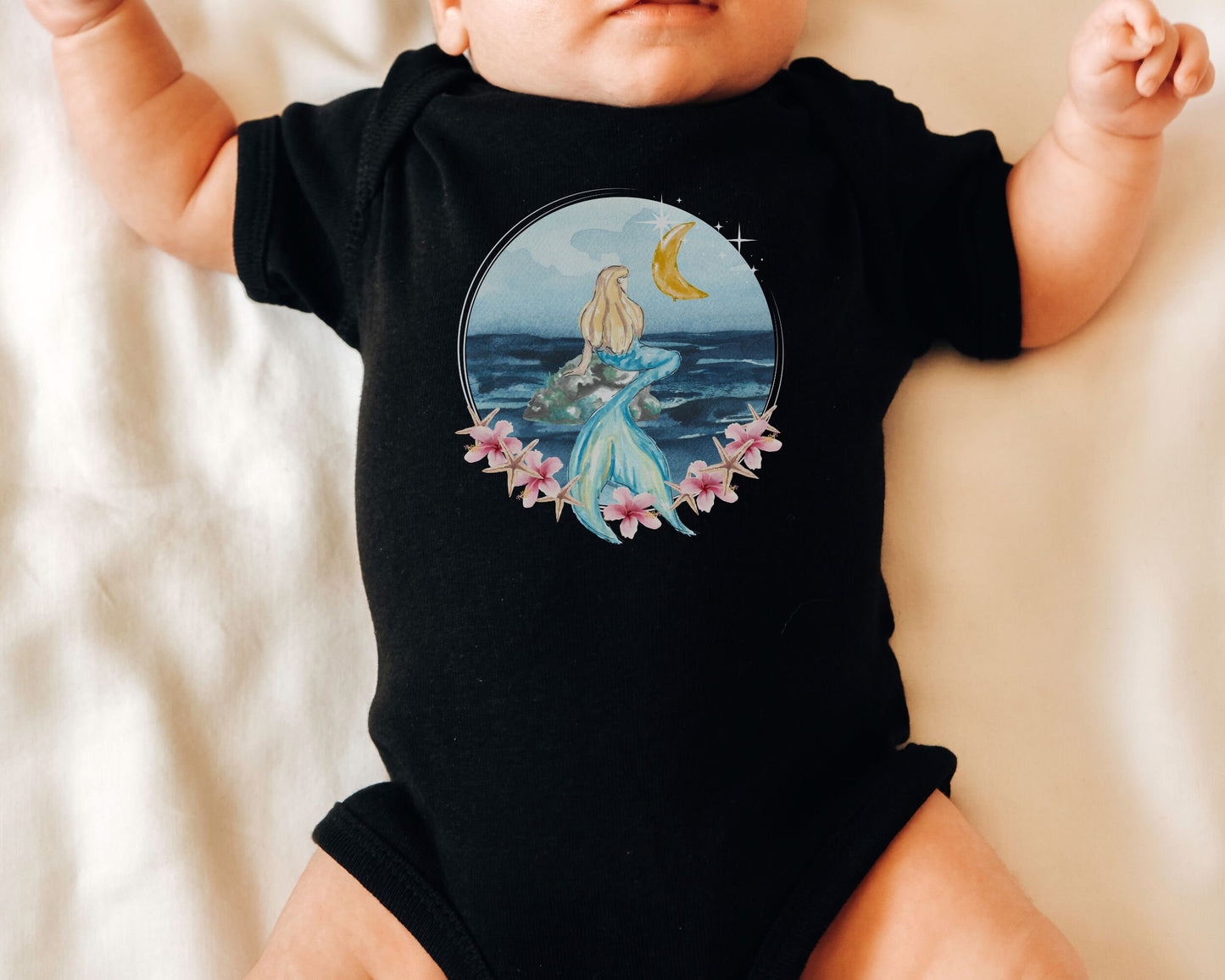 Mermaid Baby Bodysuit Hibiscus Bodysuit Starfish Mermaidcore Moon Mystical Beachy Bodysuit Oceancore Mermaid Core First Birthday Baby Shower