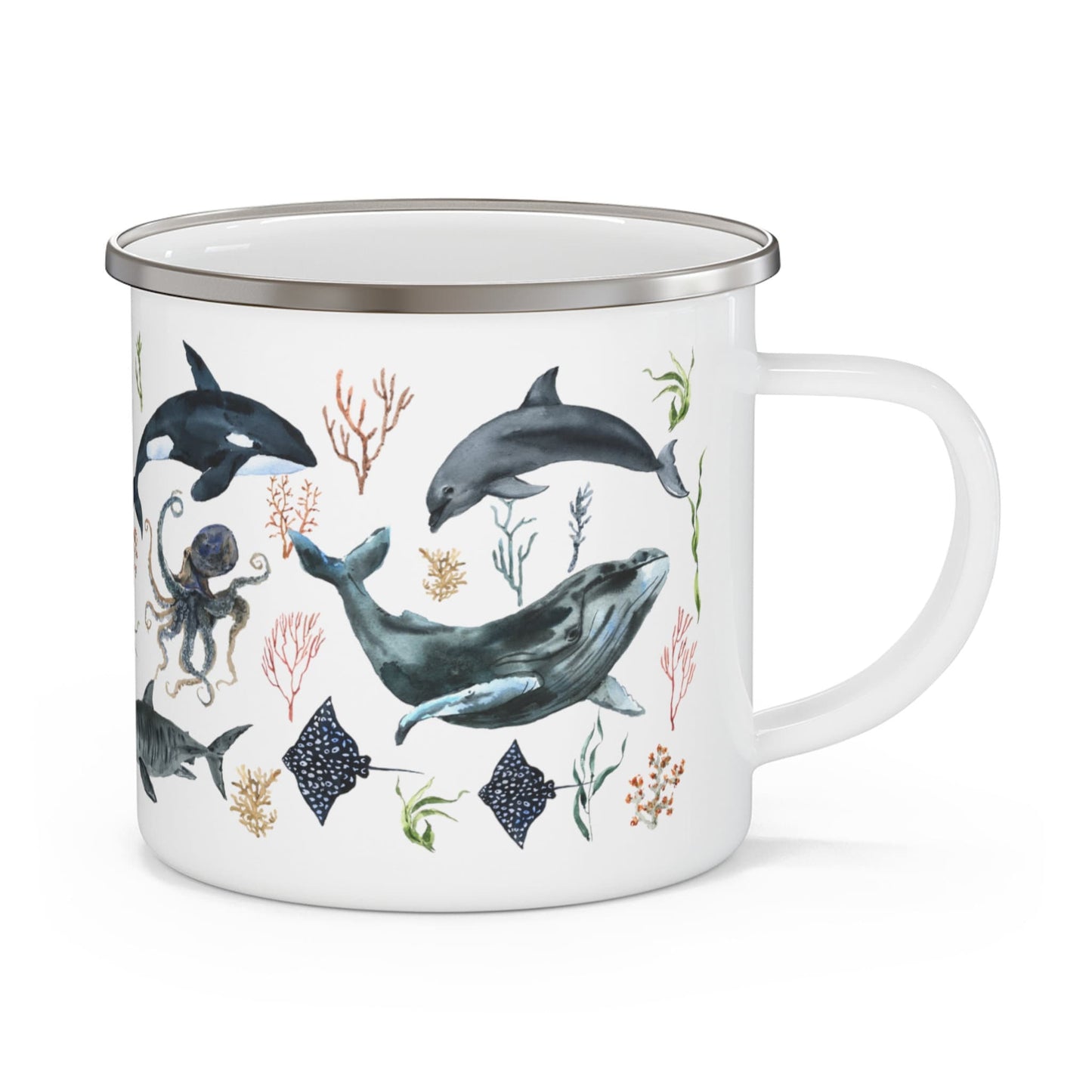 Ocean Whale Mug Shark Mug Octopus Camp Mug Oceancore Mermaidcore Beach Gifts Sea Botanical Coffee Mug Orca Mug Dolphin Enamel Camping Mug