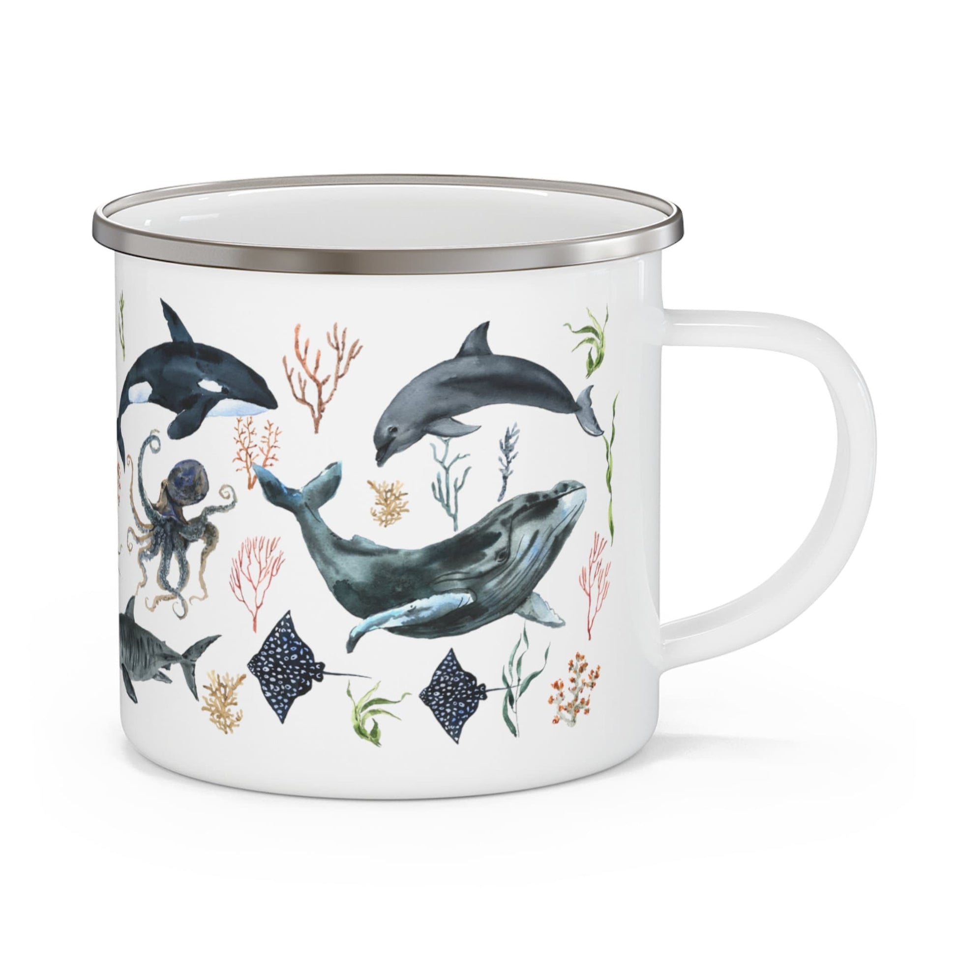Ocean Whale Mug Shark Mug Octopus Camp Mug Oceancore Mermaidcore Beach Gifts Sea Botanical Coffee Mug Orca Mug Dolphin Enamel Camping Mug