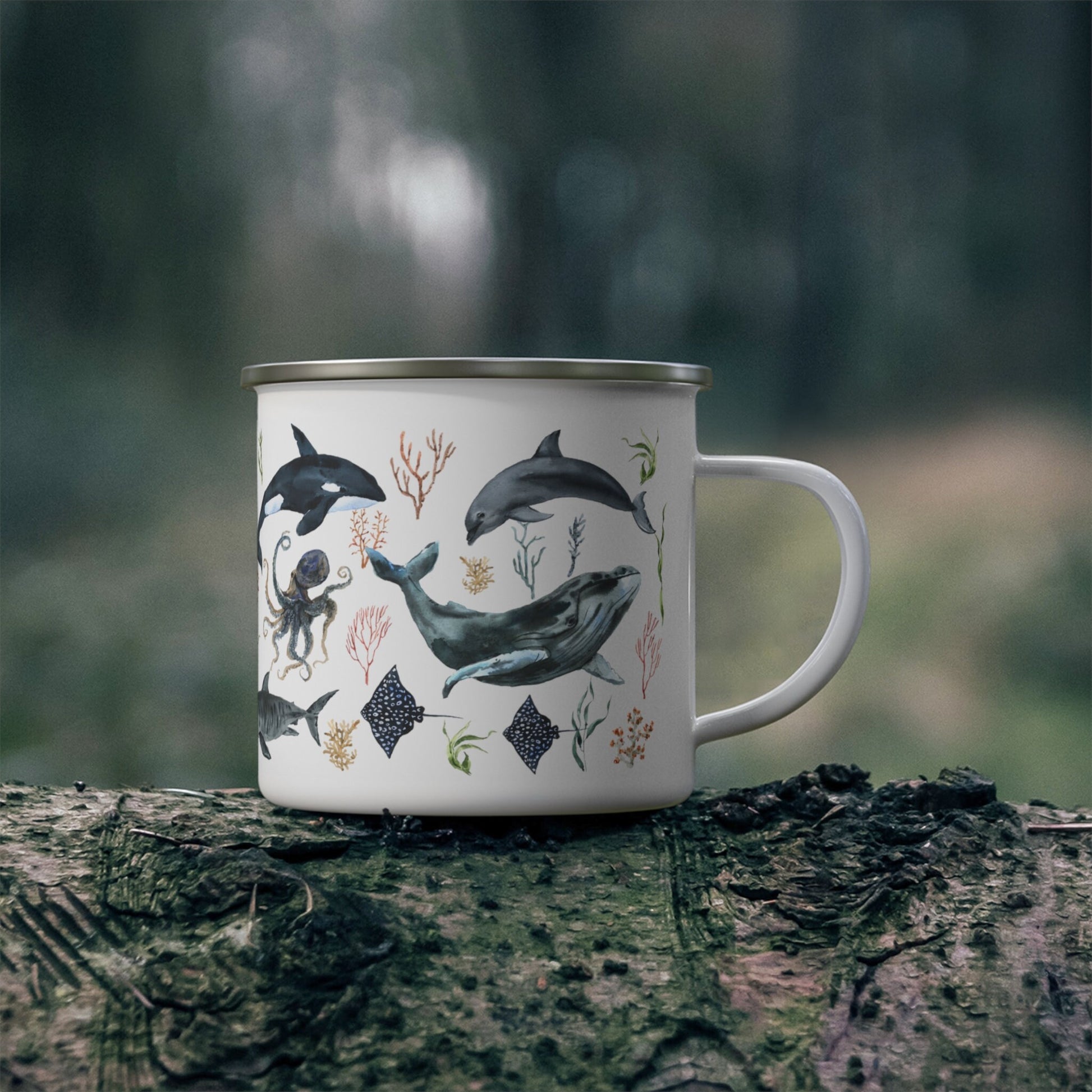 Ocean Whale Mug Shark Mug Octopus Camp Mug Oceancore Mermaidcore Beach Gifts Sea Botanical Coffee Mug Orca Mug Dolphin Enamel Camping Mug