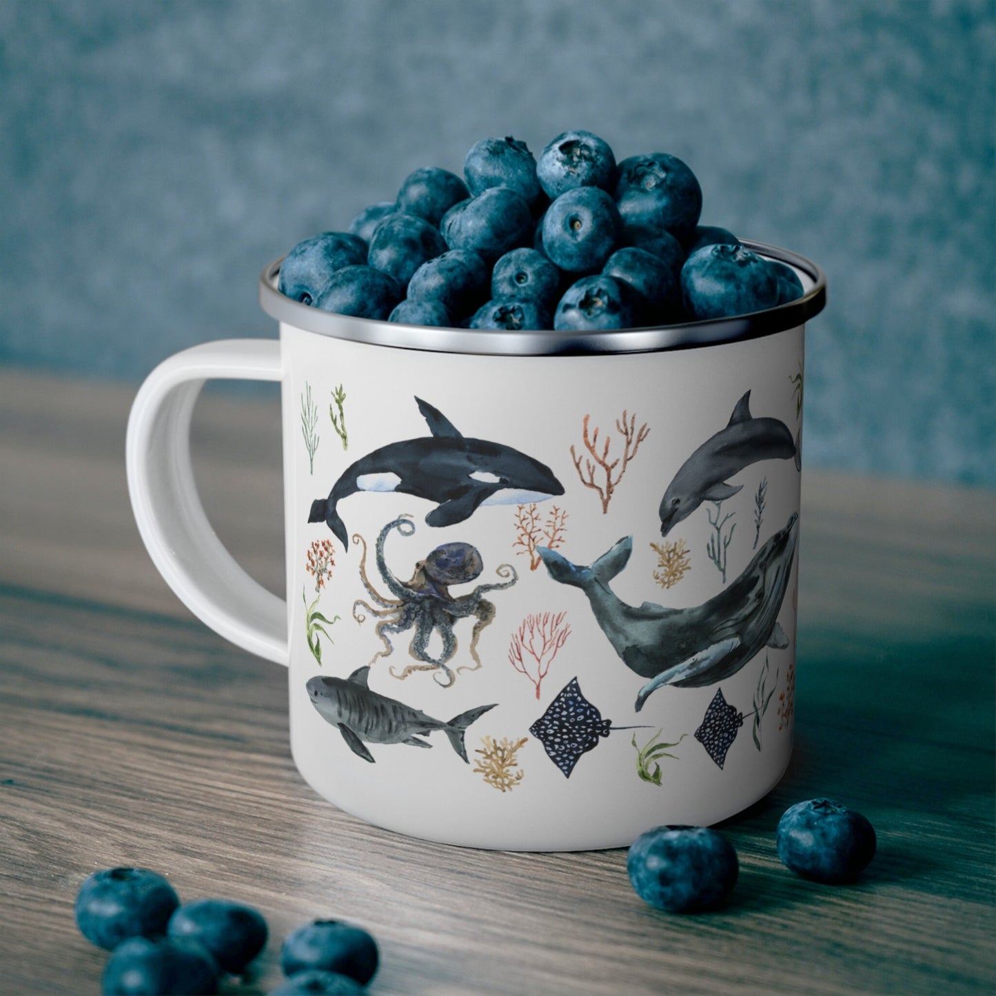 Ocean Whale Mug Shark Mug Octopus Camp Mug Oceancore Mermaidcore Beach Gifts Sea Botanical Coffee Mug Orca Mug Dolphin Enamel Camping Mug