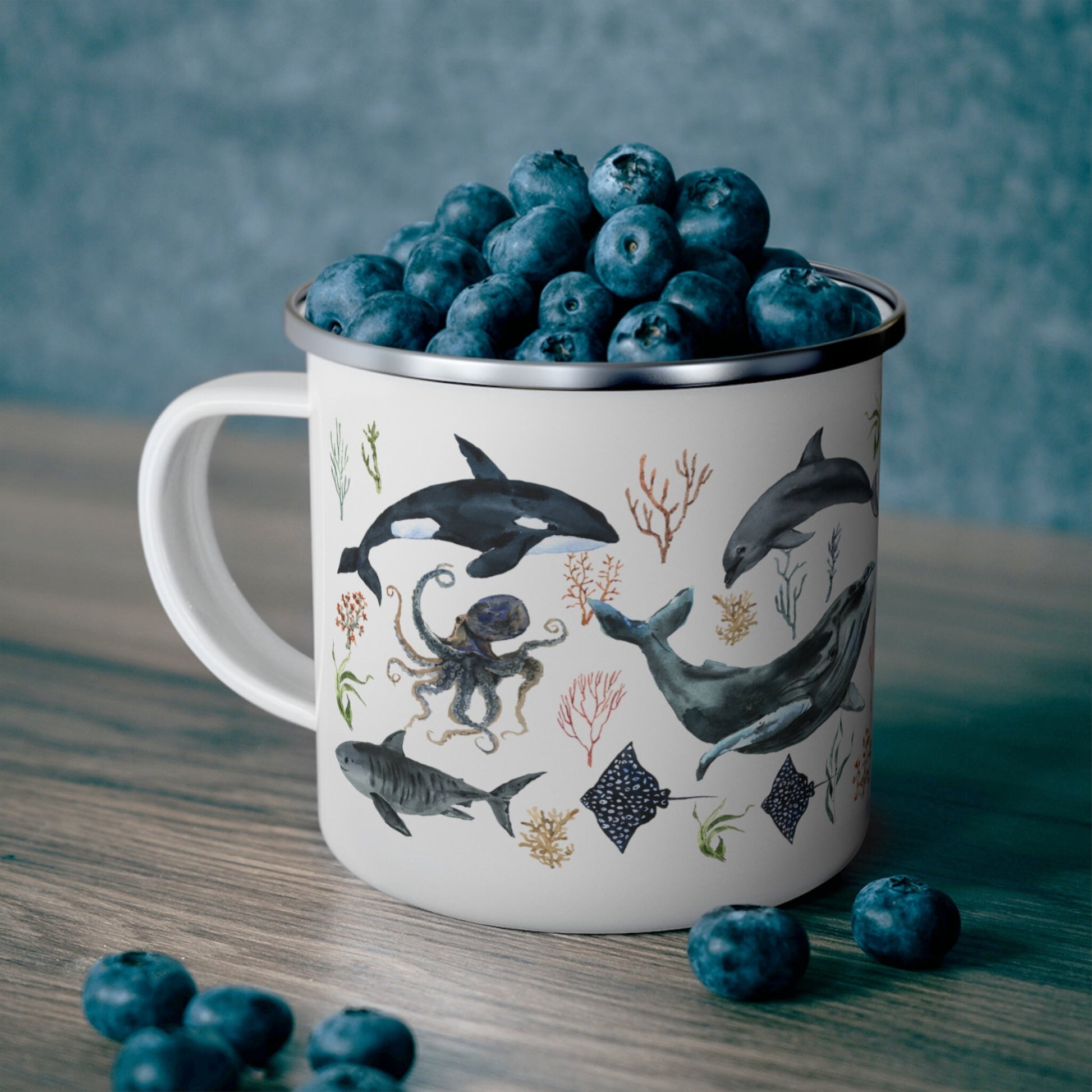 Ocean Whale Mug Shark Mug Octopus Camp Mug Oceancore Mermaidcore Beach Gifts Sea Botanical Coffee Mug Orca Mug Dolphin Enamel Camping Mug