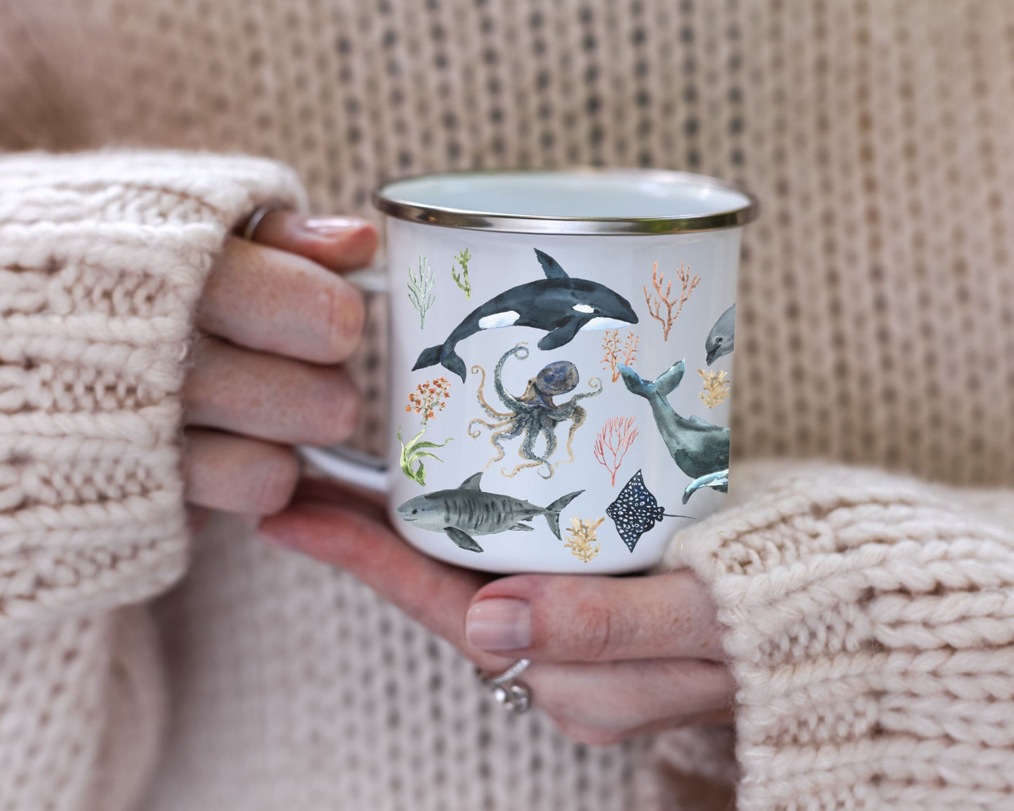 Ocean Whale Mug Shark Mug Octopus Camp Mug Oceancore Mermaidcore Beach Gifts Sea Botanical Coffee Mug Orca Mug Dolphin Enamel Camping Mug