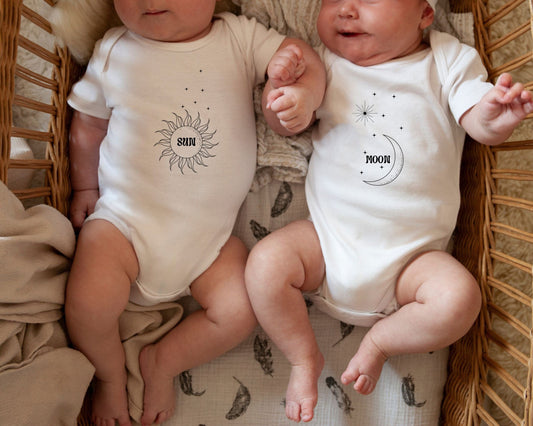 Sun and Moon Bodysuit Minimalist Baby Twin Bodysuits Gender Neutral Mystical Baby Multiples Gifts Best Friends Baby Bodysuit Boy Girl Twins