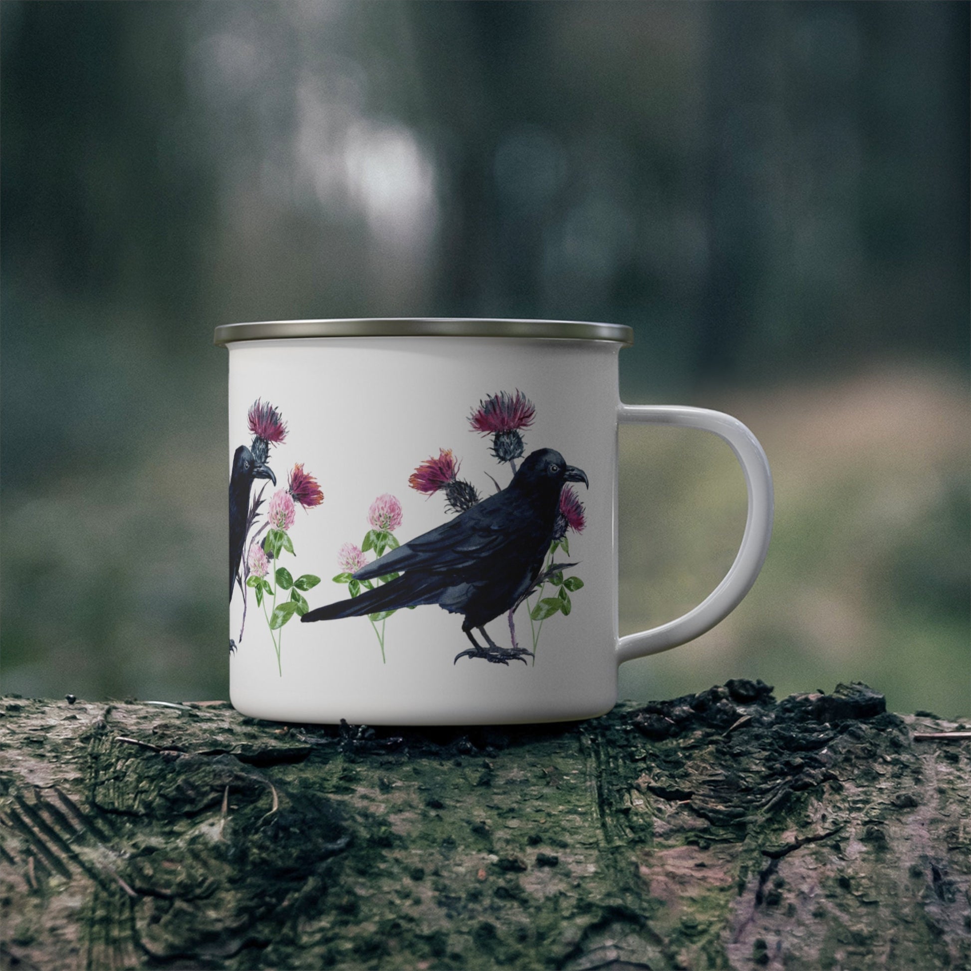 Raven Mug Thistles and Clover Wildflowers Black Bird Crowcore Fall Enamel Camping Mug Dark Academia Mug Goblincore Forestcore Halloween Mug