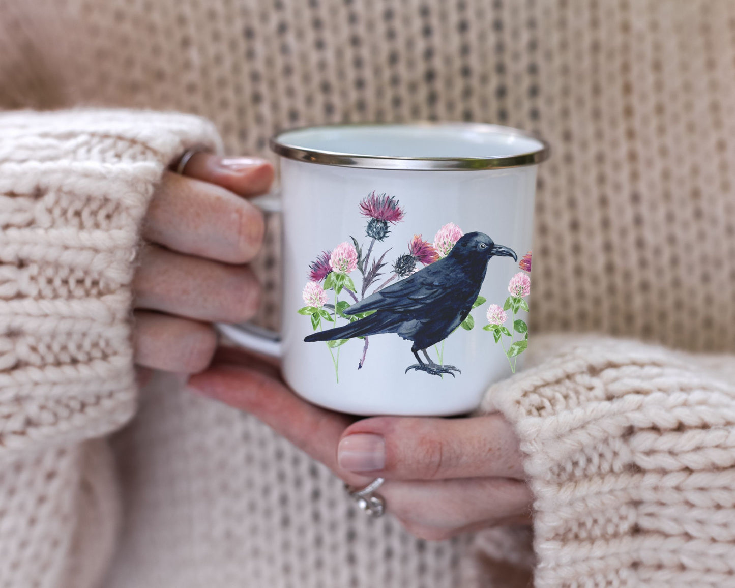 Raven Mug Thistles and Clover Wildflowers Black Bird Crowcore Fall Enamel Camping Mug Dark Academia Mug Goblincore Forestcore Halloween Mug