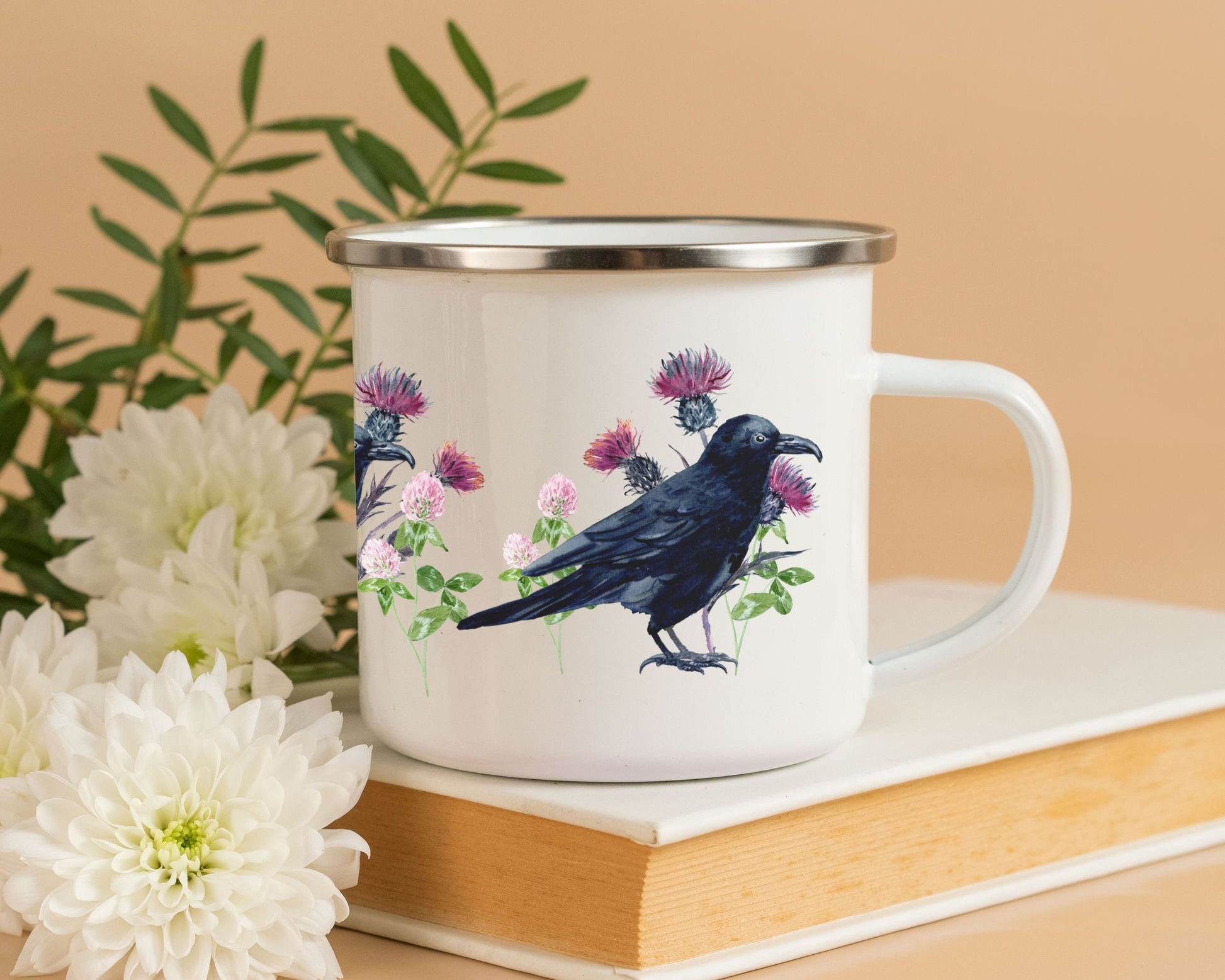 Raven Mug Thistles and Clover Wildflowers Black Bird Crowcore Fall Enamel Camping Mug Dark Academia Mug Goblincore Forestcore Halloween Mug