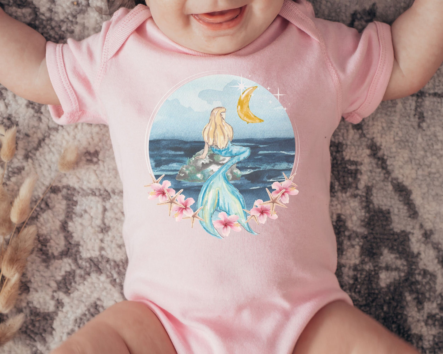Mermaid Baby Bodysuit Hibiscus Bodysuit Starfish Mermaidcore Moon Mystical Beachy Bodysuit Oceancore Mermaid Core First Birthday Baby Shower
