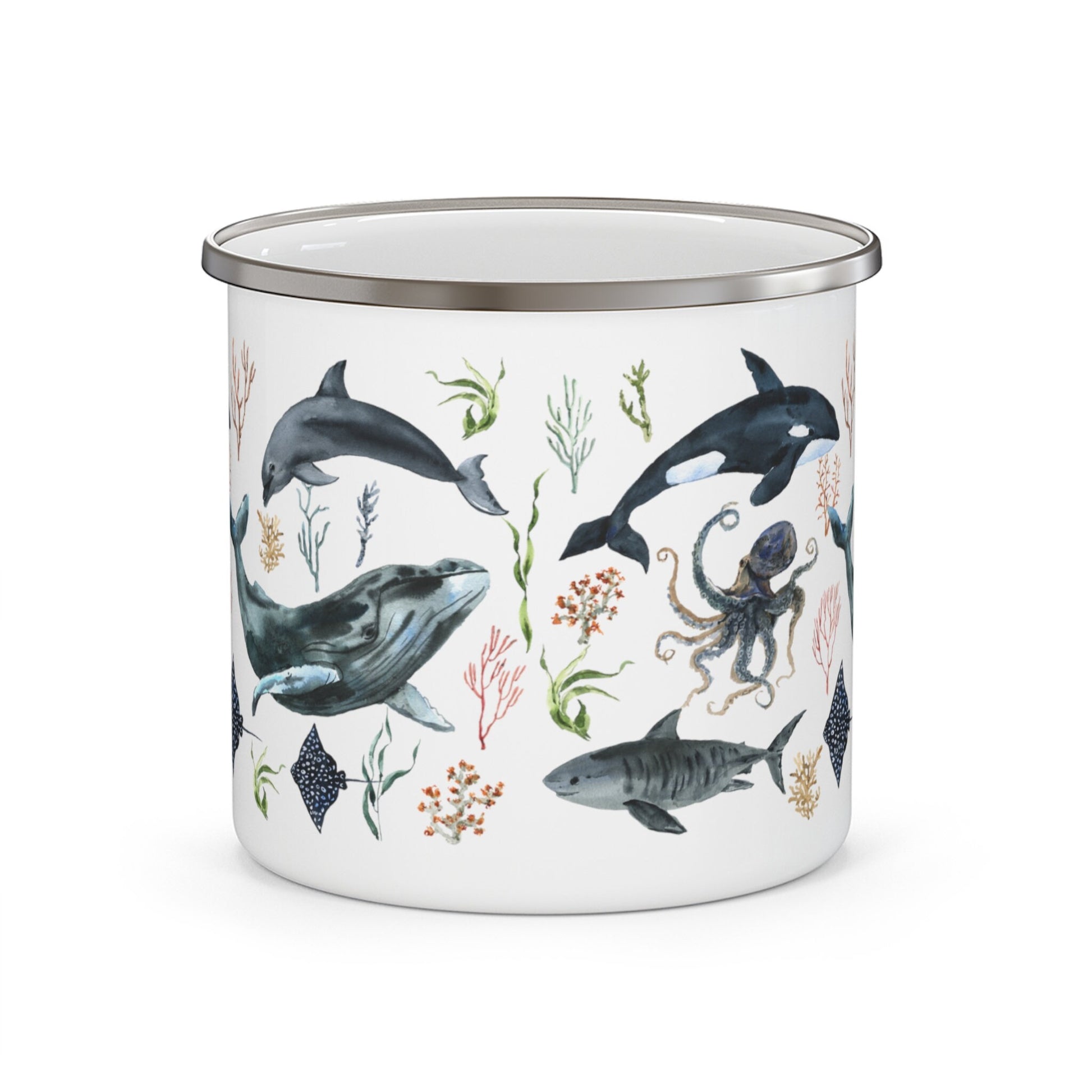 Ocean Whale Mug Shark Mug Octopus Camp Mug Oceancore Mermaidcore Beach Gifts Sea Botanical Coffee Mug Orca Mug Dolphin Enamel Camping Mug