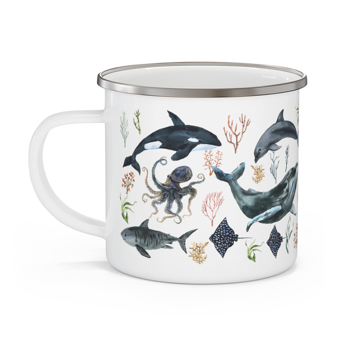 Ocean Whale Mug Shark Mug Octopus Camp Mug Oceancore Mermaidcore Beach Gifts Sea Botanical Coffee Mug Orca Mug Dolphin Enamel Camping Mug