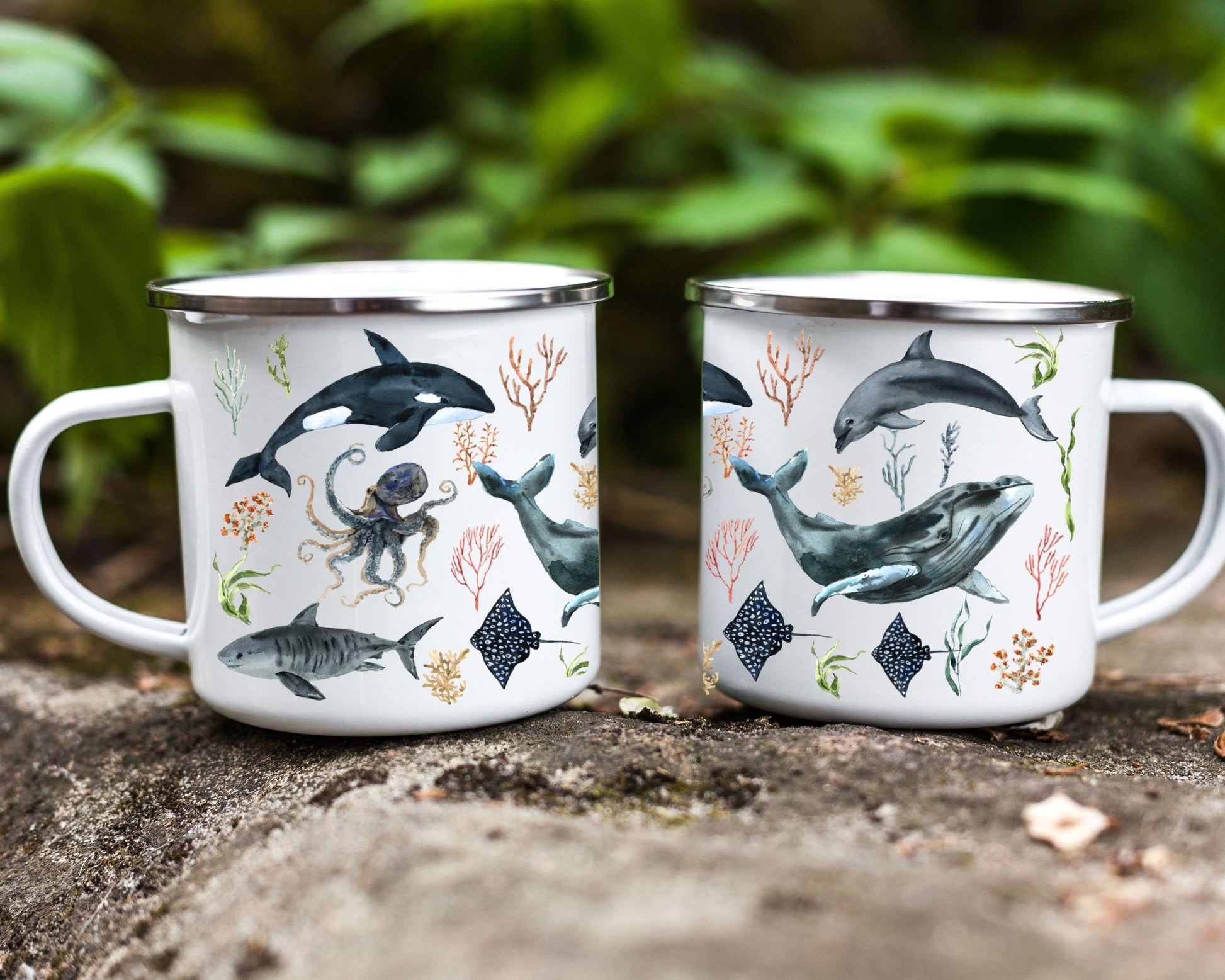 Ocean Whale Mug Shark Mug Octopus Camp Mug Oceancore Mermaidcore Beach Gifts Sea Botanical Coffee Mug Orca Mug Dolphin Enamel Camping Mug