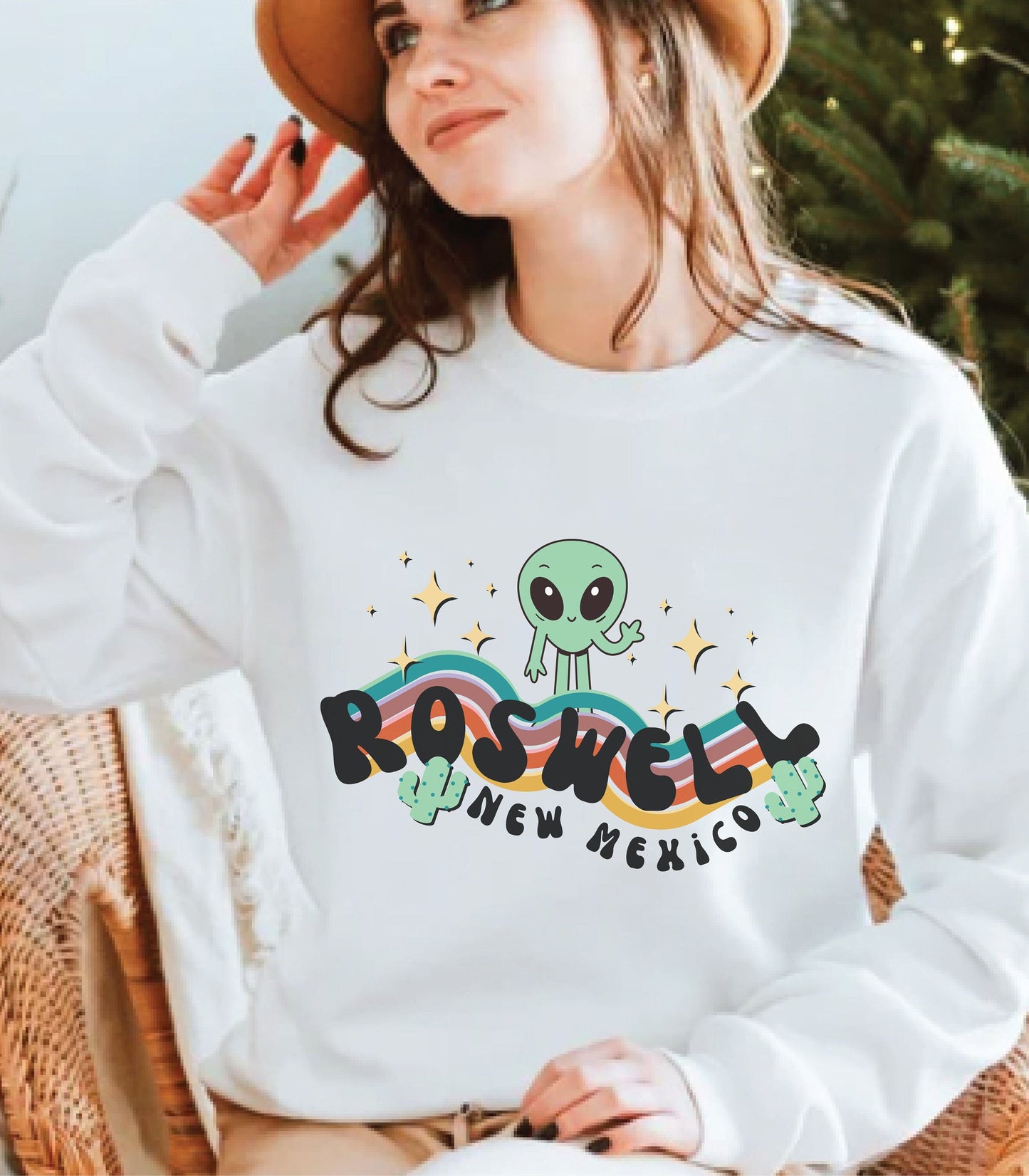 Retro Rainbow Alien Sweatshirt Roswell New Mexico Shirt Cryptozoology Shirt Space Travel Southwestern Sweatshirt Kawaii Cactus Sweatshirt