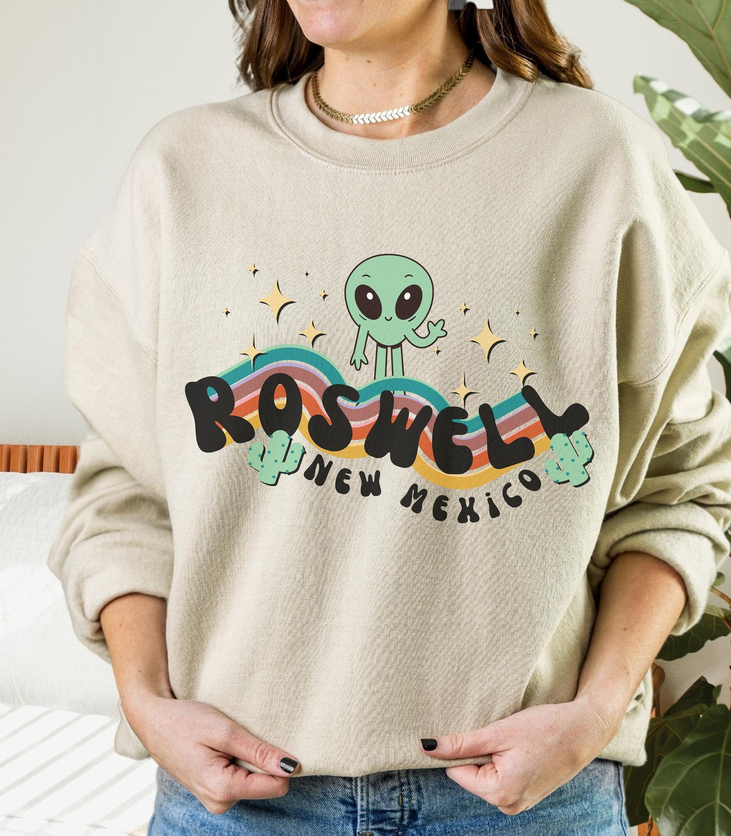 Retro Rainbow Alien Sweatshirt Roswell New Mexico Shirt Cryptozoology Shirt Space Travel Southwestern Sweatshirt Kawaii Cactus Sweatshirt