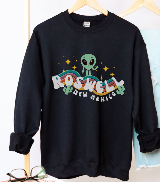 Retro Rainbow Alien Sweatshirt Roswell New Mexico Shirt Cryptozoology Shirt Space Travel Southwestern Sweatshirt Kawaii Cactus Sweatshirt